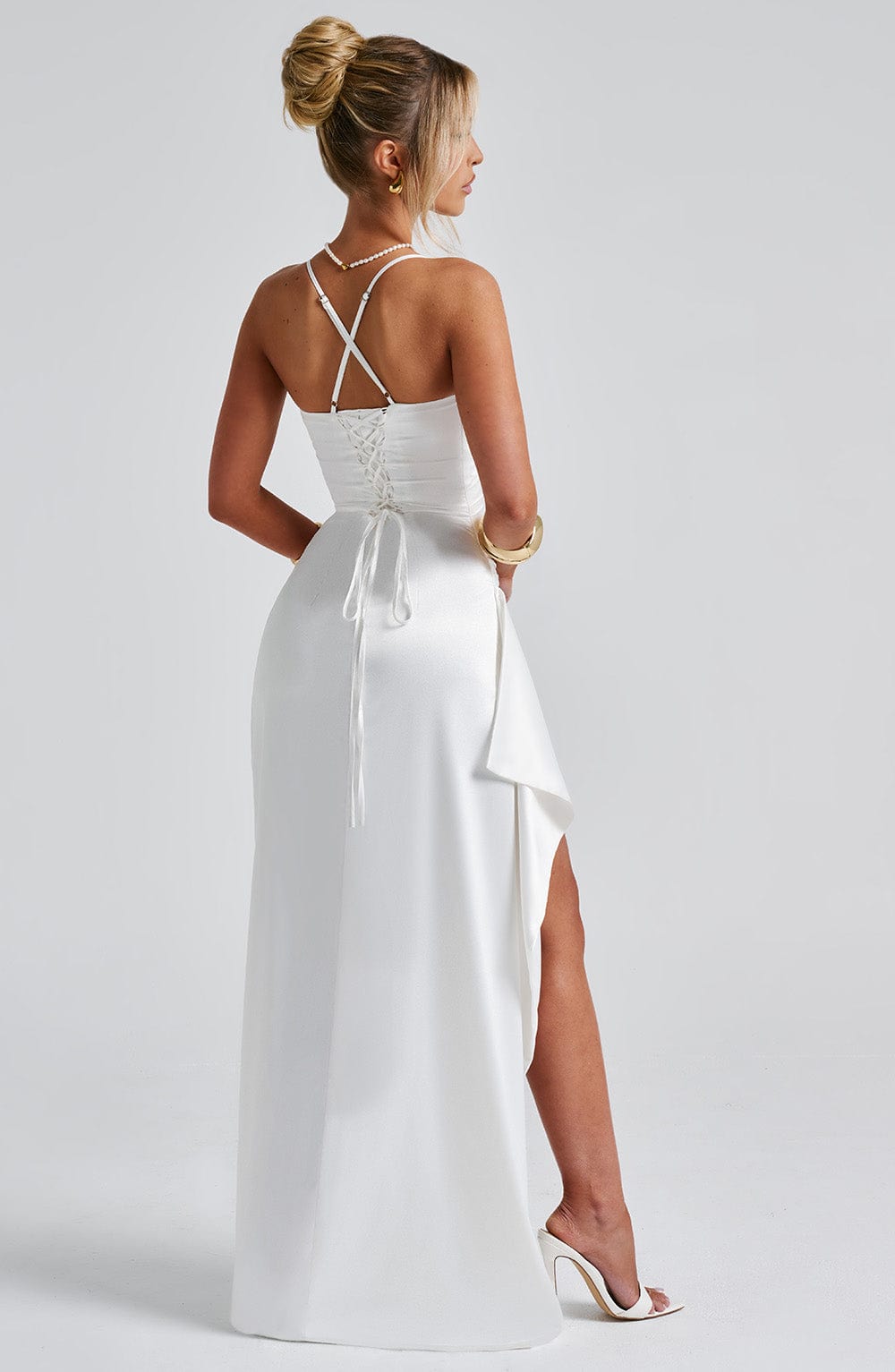 Cora | Satin Cowl-Neck Ruched High-Slit Bodycon Maxi Gown