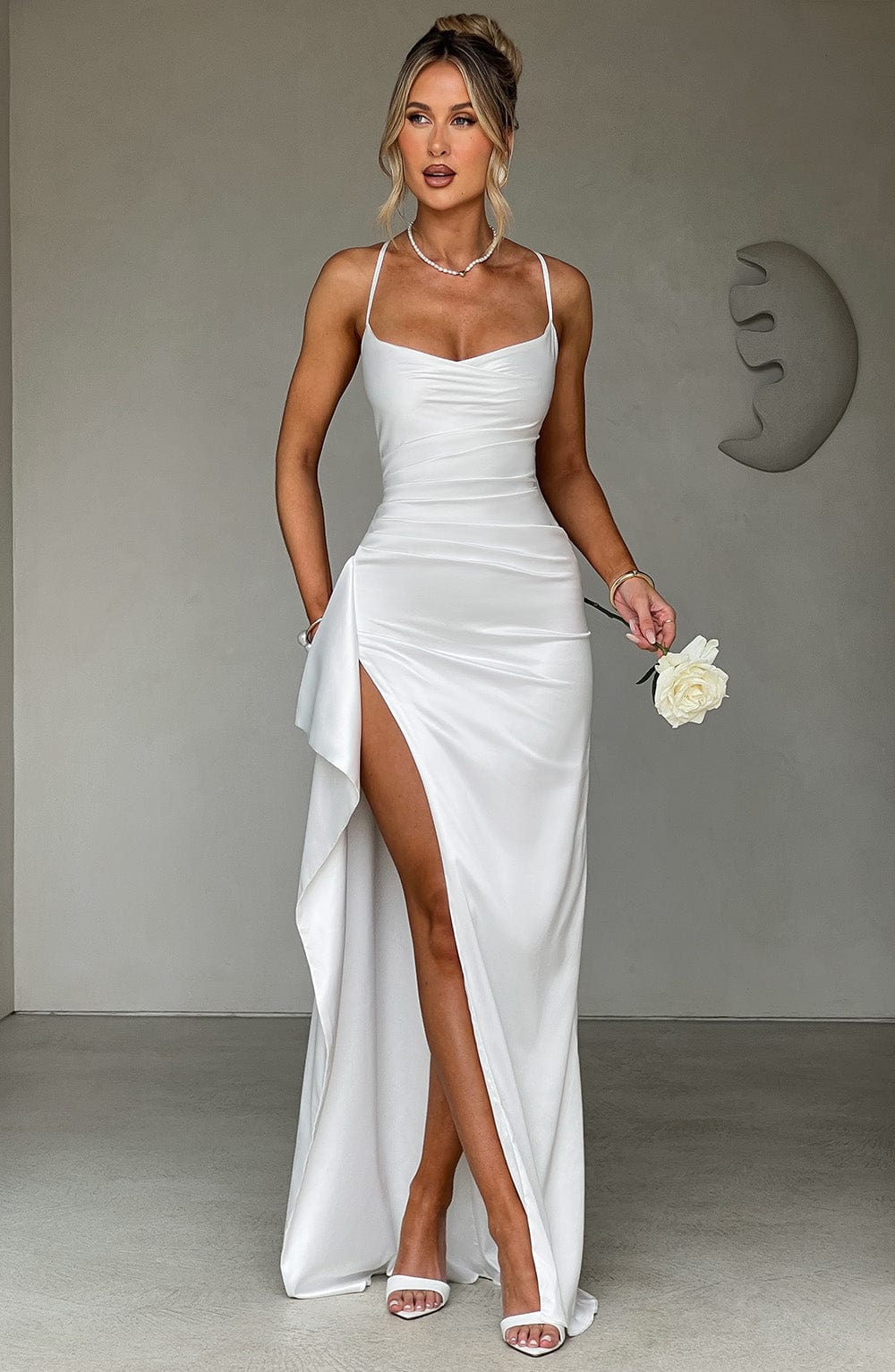 Cora | Satin Cowl-Neck Ruched High-Slit Bodycon Maxi Gown