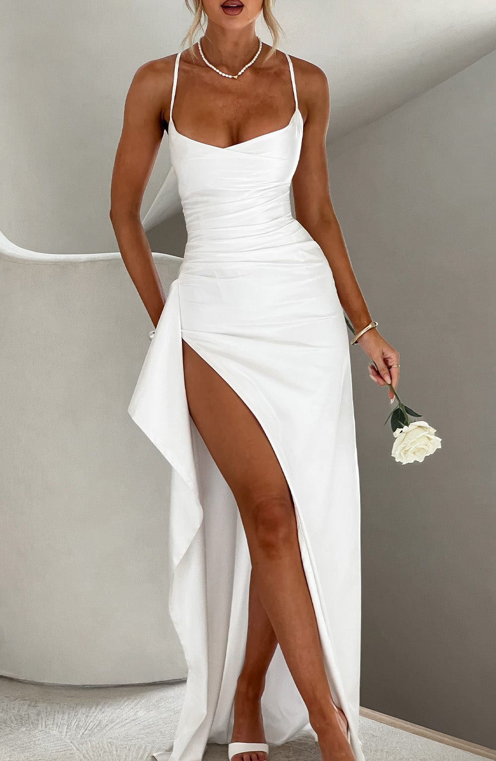 Cora | Satin Cowl-Neck Ruched High-Slit Bodycon Maxi Gown