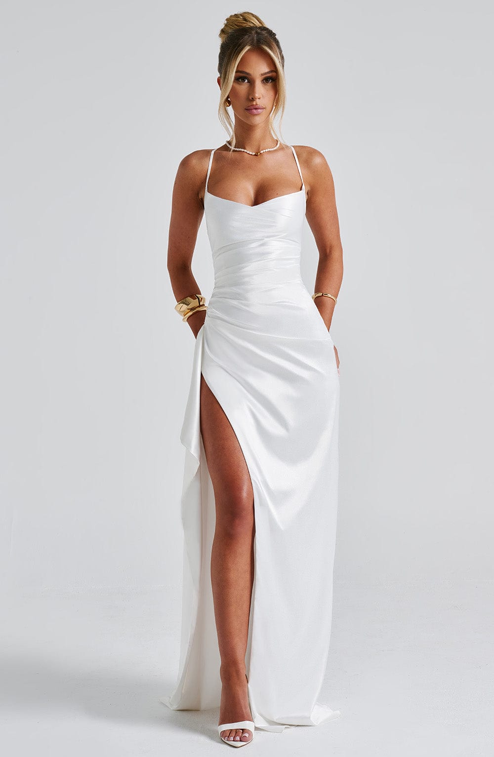 Cora | Satin Cowl-Neck Ruched High-Slit Bodycon Maxi Gown