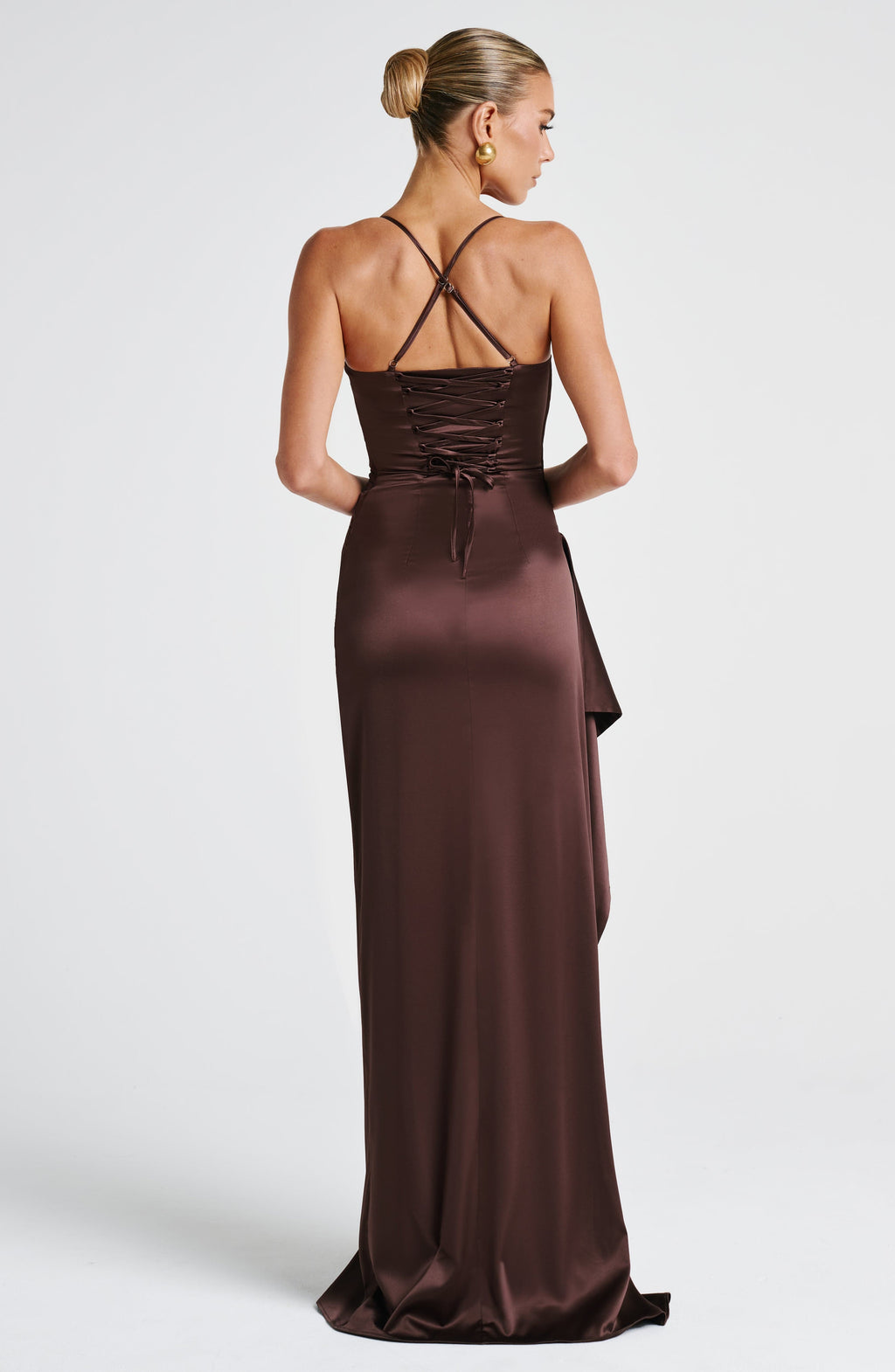Maeve | Satin Cowl-Neck Ruched High-Slit Bodycon Maxi Gown