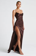 Maeve | Satin Cowl-Neck Ruched High-Slit Bodycon Maxi Gown