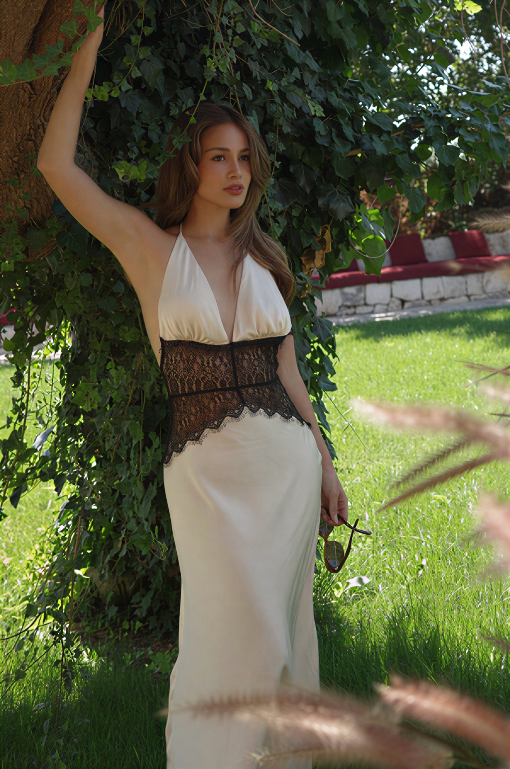 Bianca | Halter Lace Satin Maxi Dress