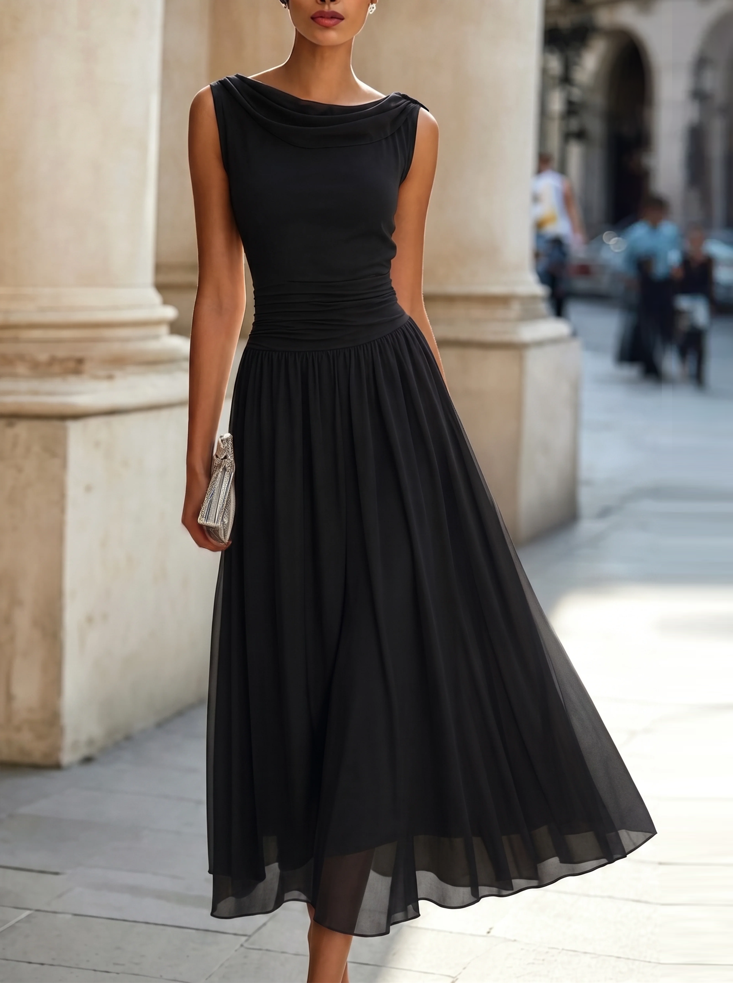 Rose | Draped Cowl Neck Pleated Midi Dress