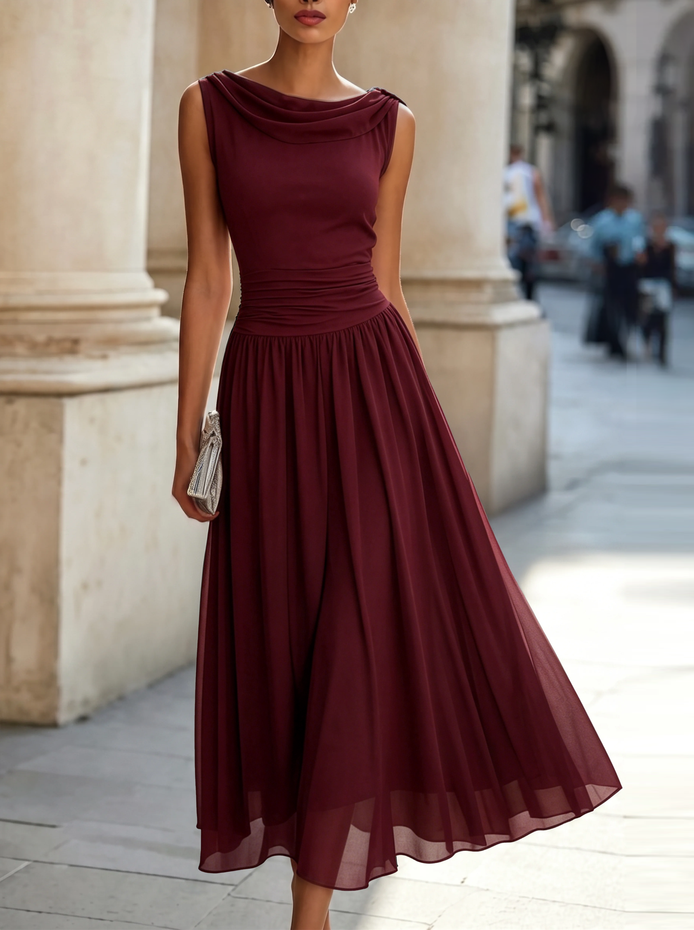 Rose | Draped Cowl Neck Pleated Midi Dress