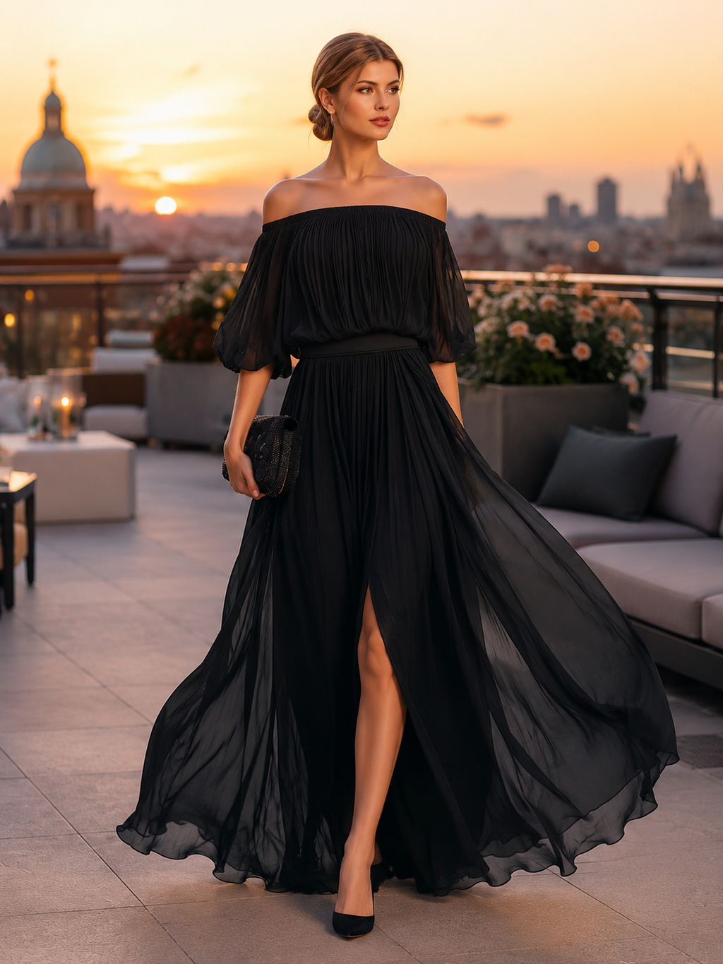Hazel | Off-Shoulder Pleated Slit Maxi Dress