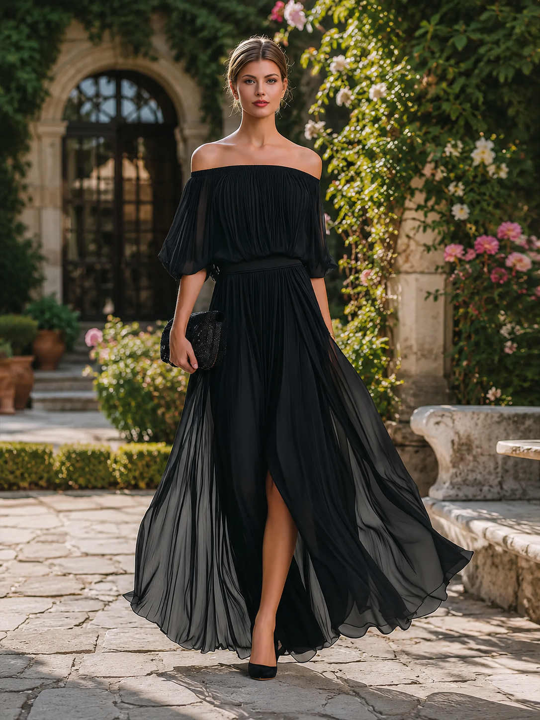 Hazel | Off-Shoulder Pleated Slit Maxi Dress