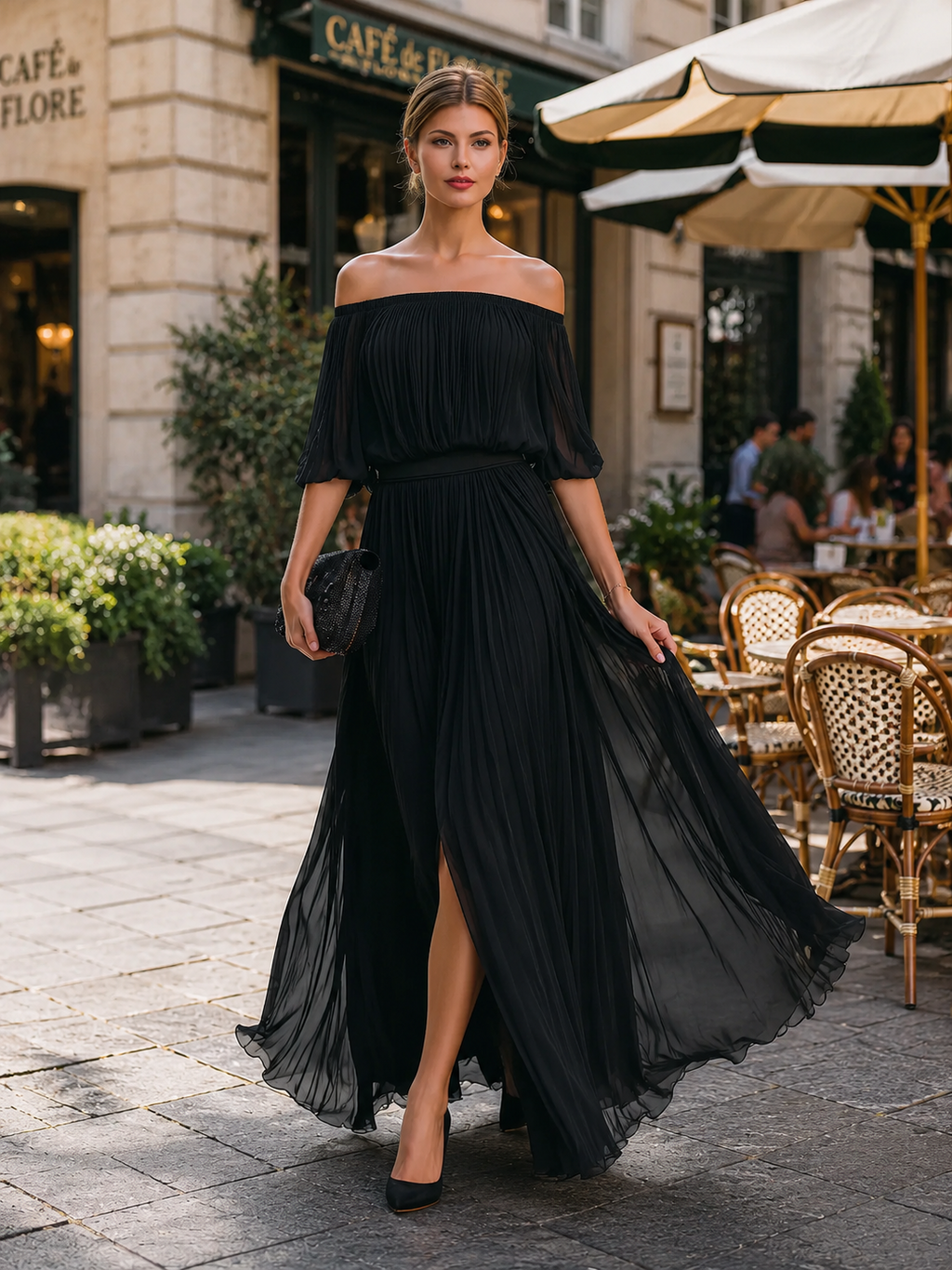 Hazel | Off-Shoulder Pleated Slit Maxi Dress