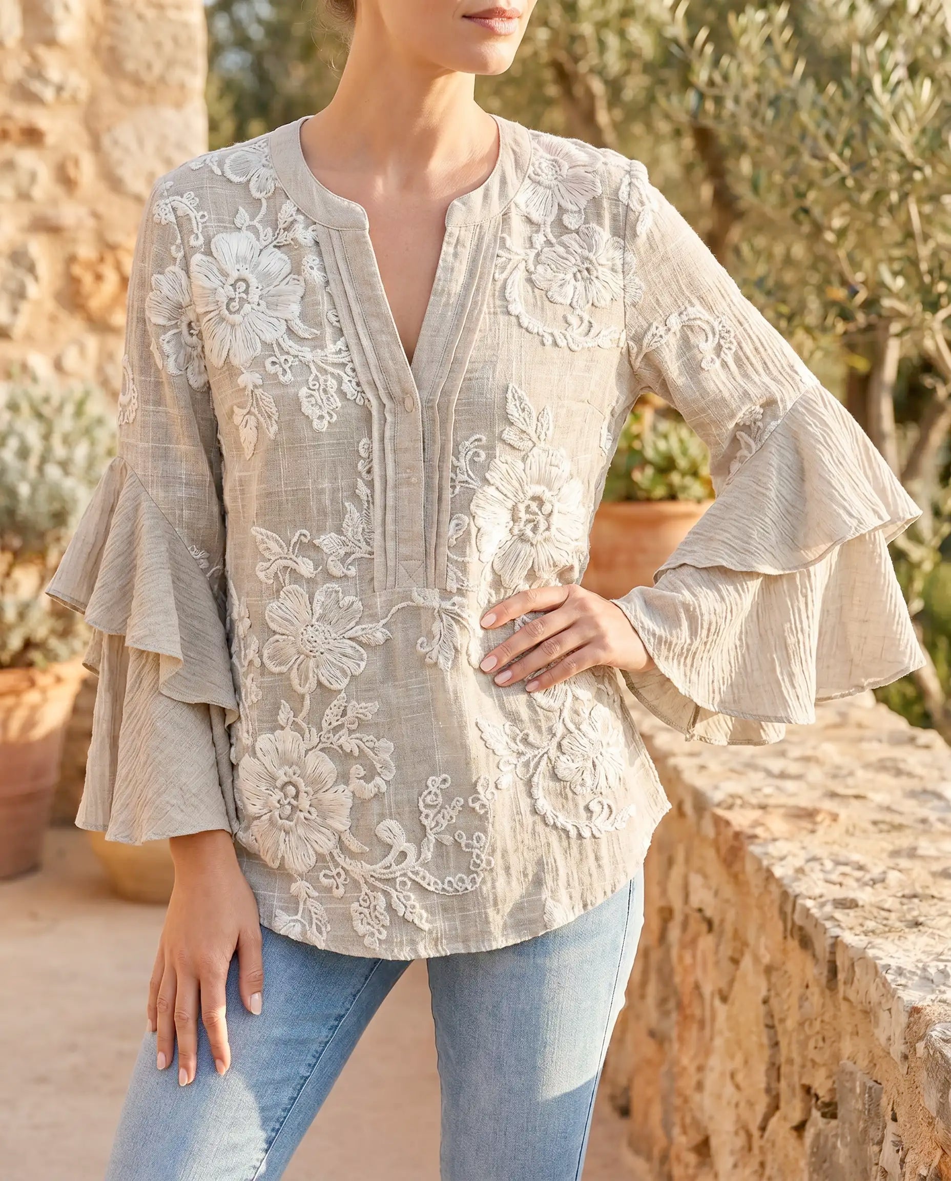 Posy | Striped Ruffle-Sleeve Linen Blouse