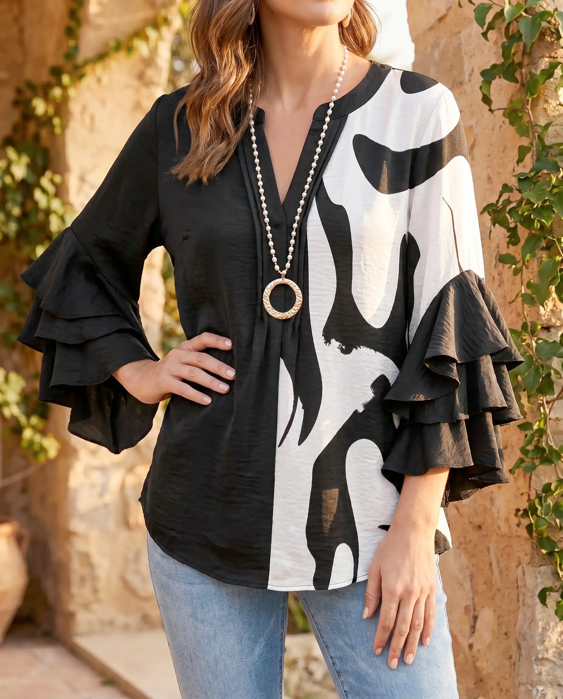 Posy | Striped Ruffle-Sleeve Linen Blouse