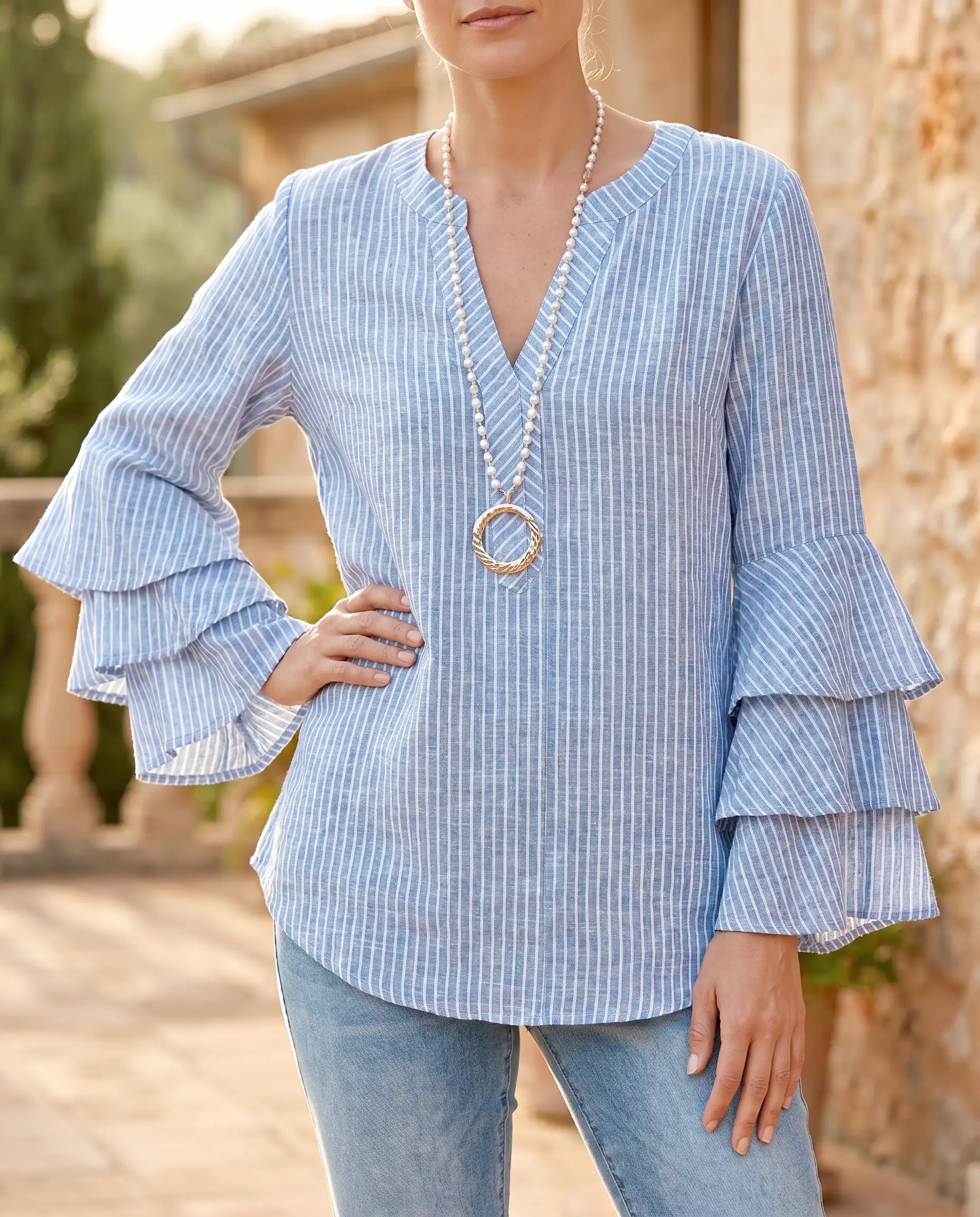 Posy | Striped Ruffle-Sleeve Linen Blouse