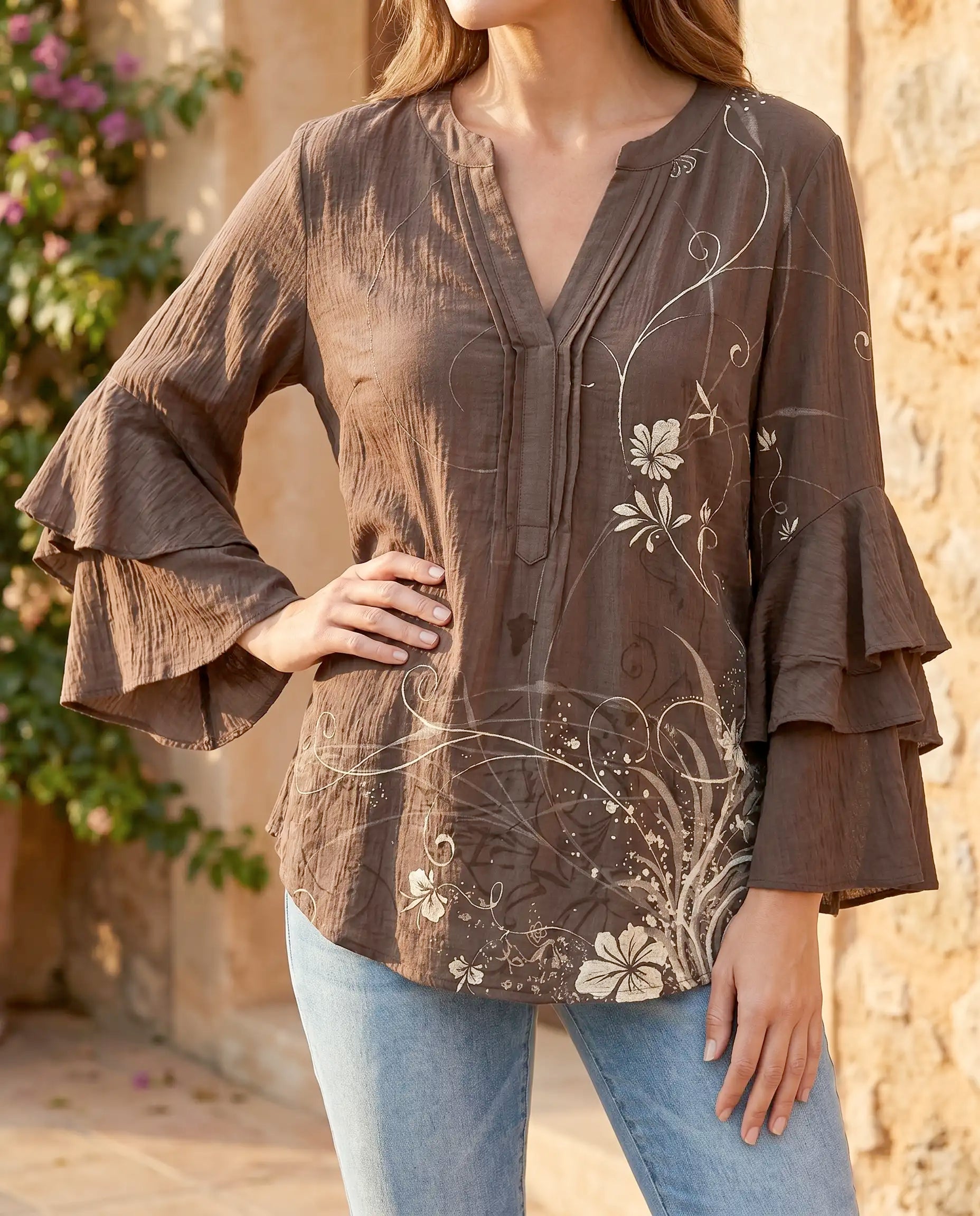 Posy | Striped Ruffle-Sleeve Linen Blouse