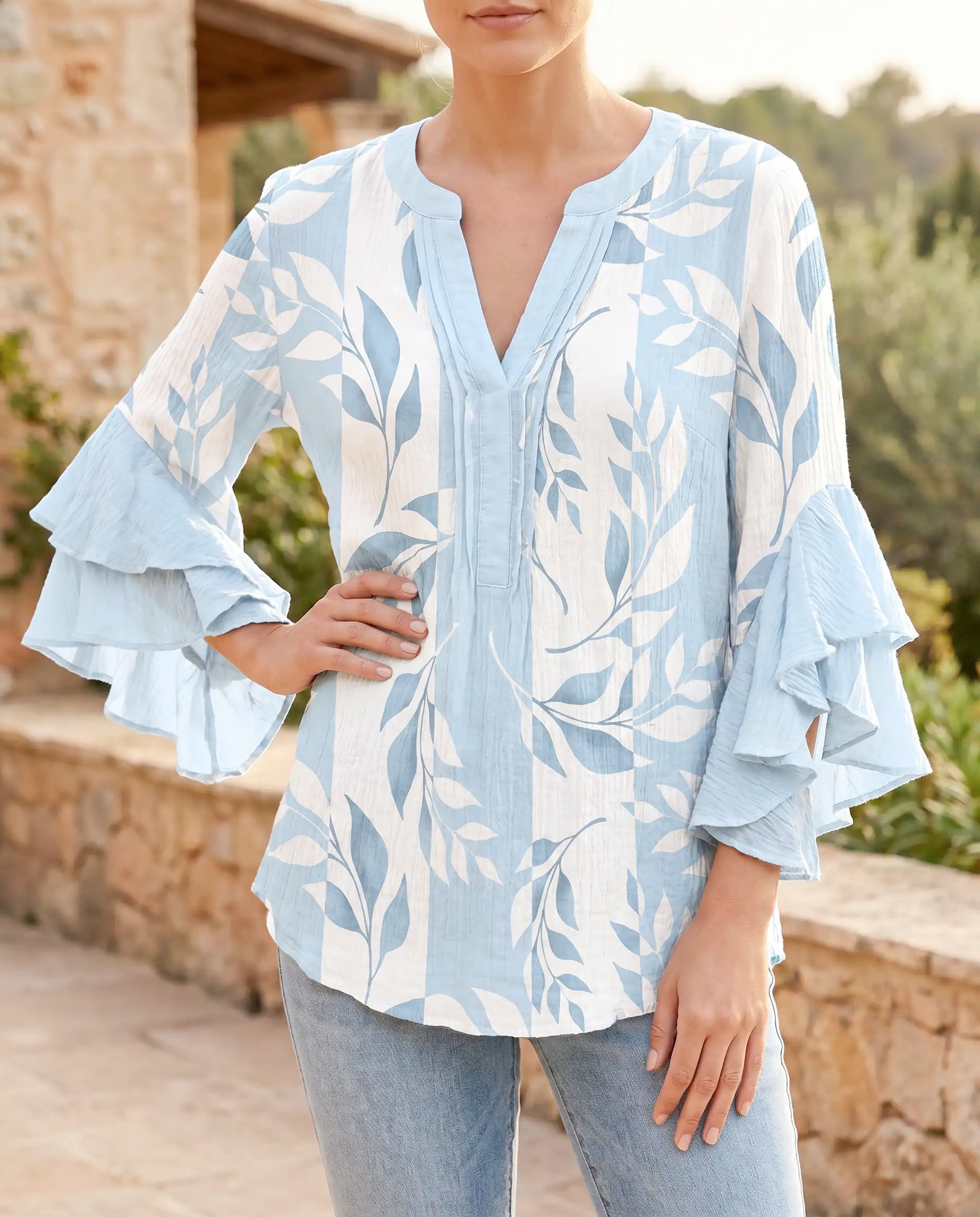 Posy | Striped Ruffle-Sleeve Linen Blouse