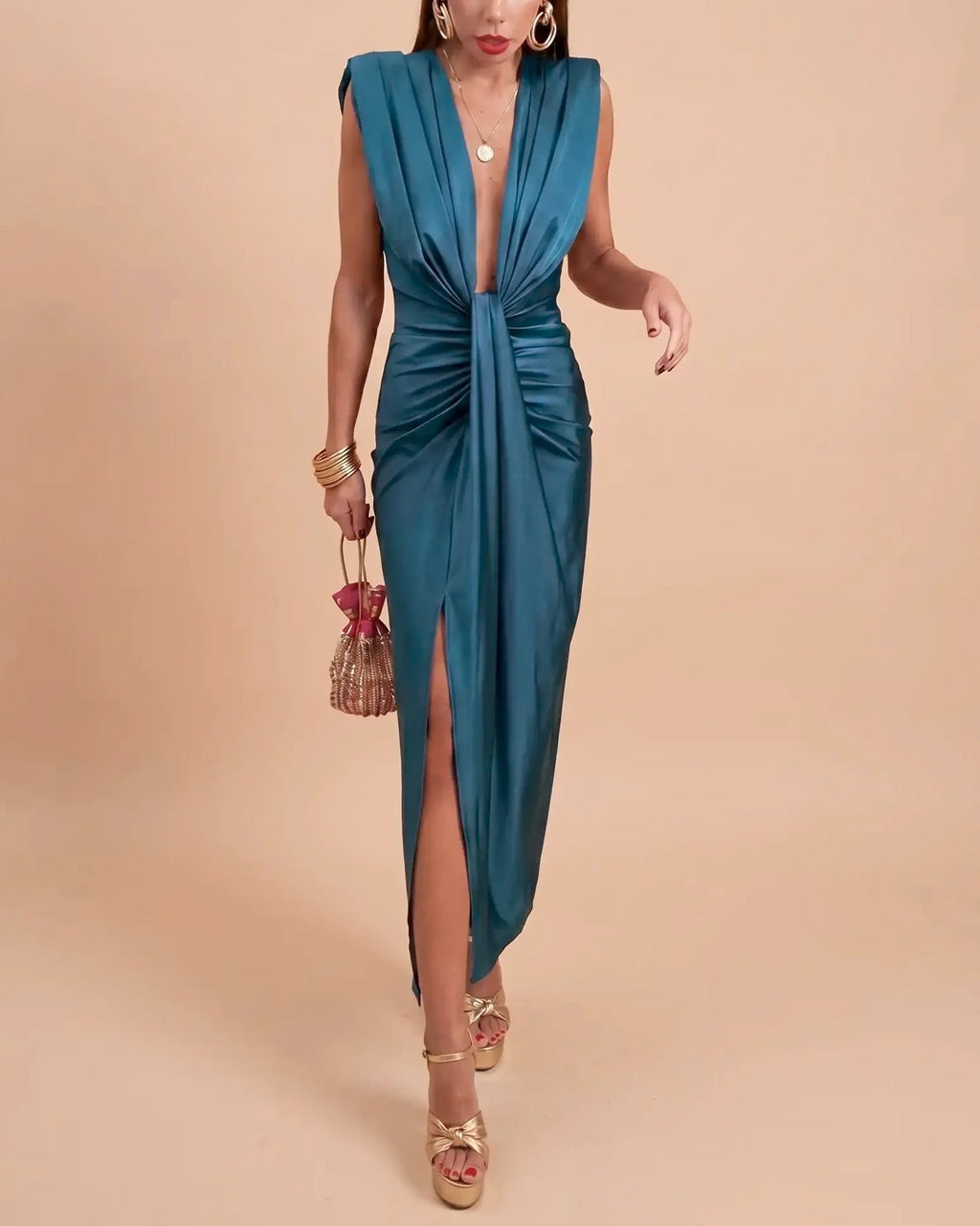 Juno | Satin Draped High-Slit Midi Dress