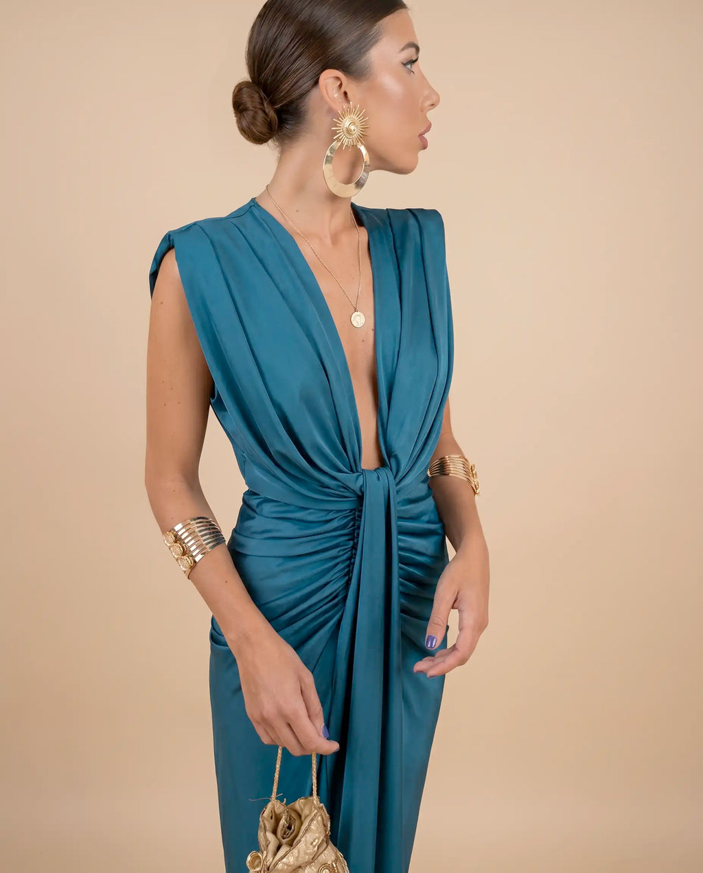 Juno | Satin Draped High-Slit Midi Dress