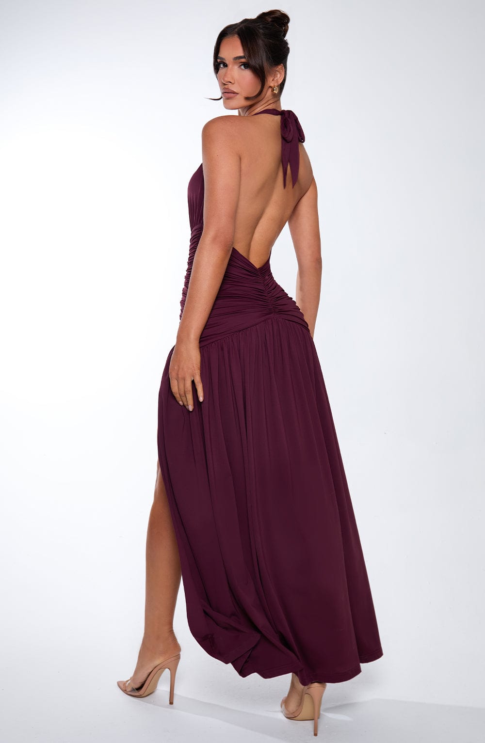 Wren | Halter Plunge V-Neck Ruched High-Slit Maxi Gown