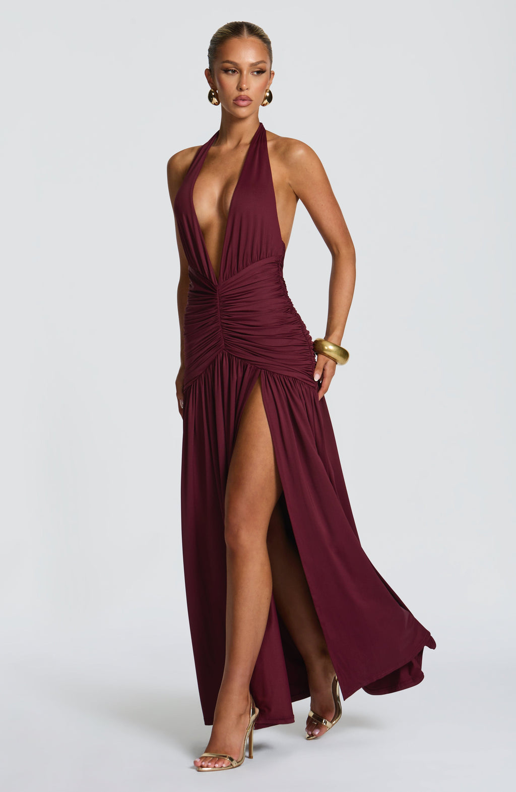 Wren | Halter Plunge V-Neck Ruched High-Slit Maxi Gown