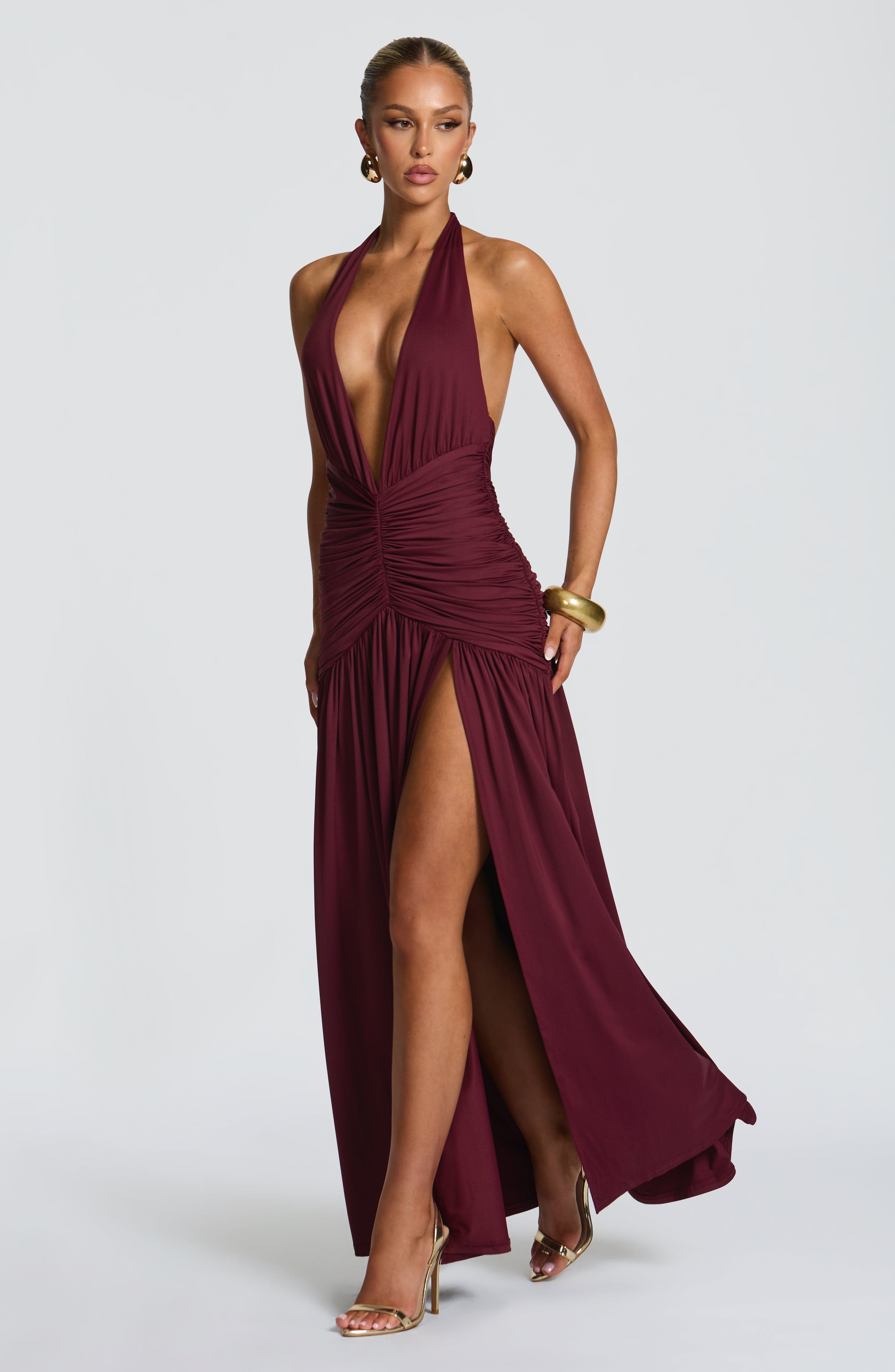 Wren | Halter Plunge V-Neck Ruched High-Slit Maxi Gown