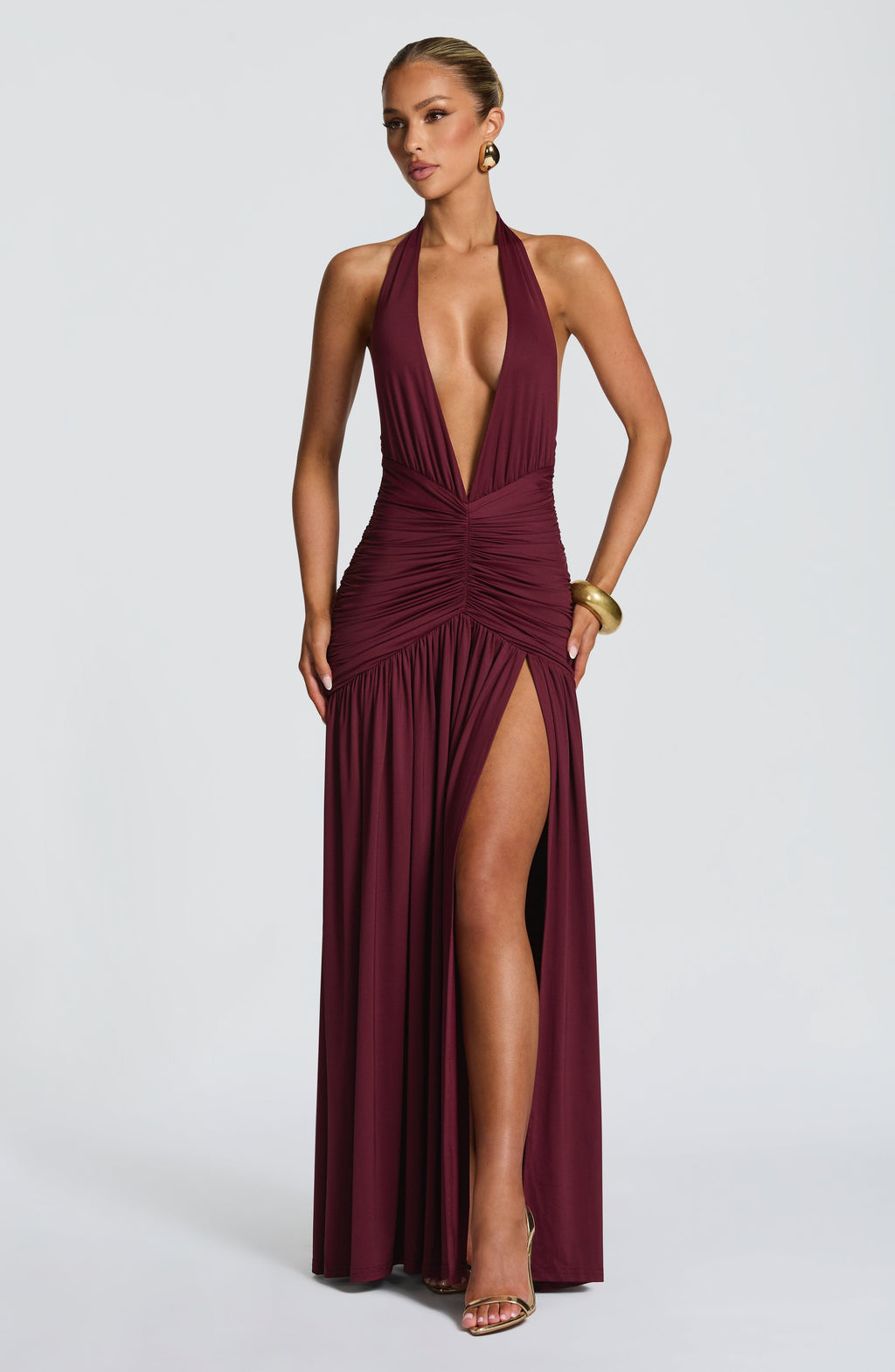 Wren | Halter Plunge V-Neck Ruched High-Slit Maxi Gown