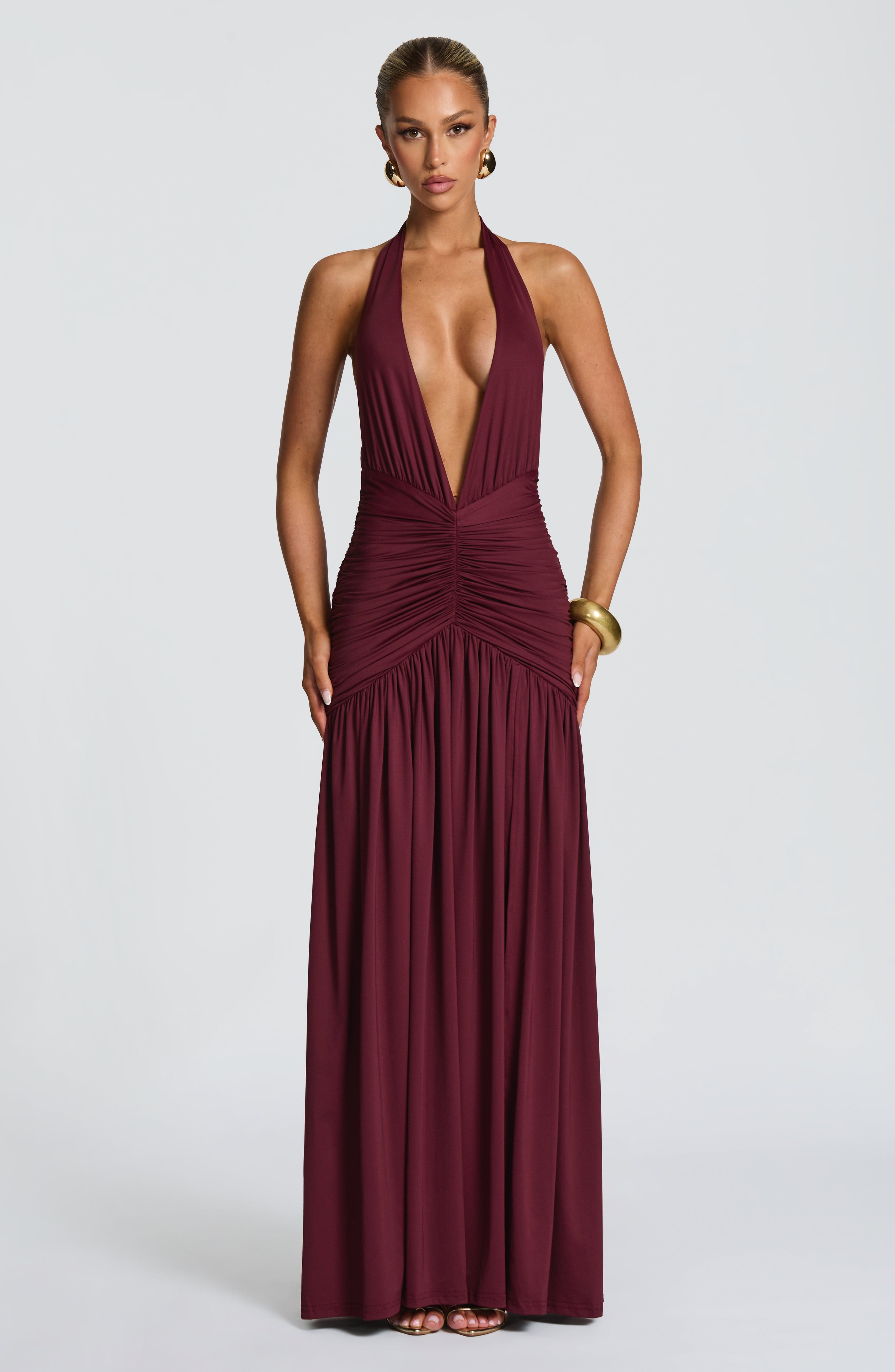 Wren | Halter Plunge V-Neck Ruched High-Slit Maxi Gown