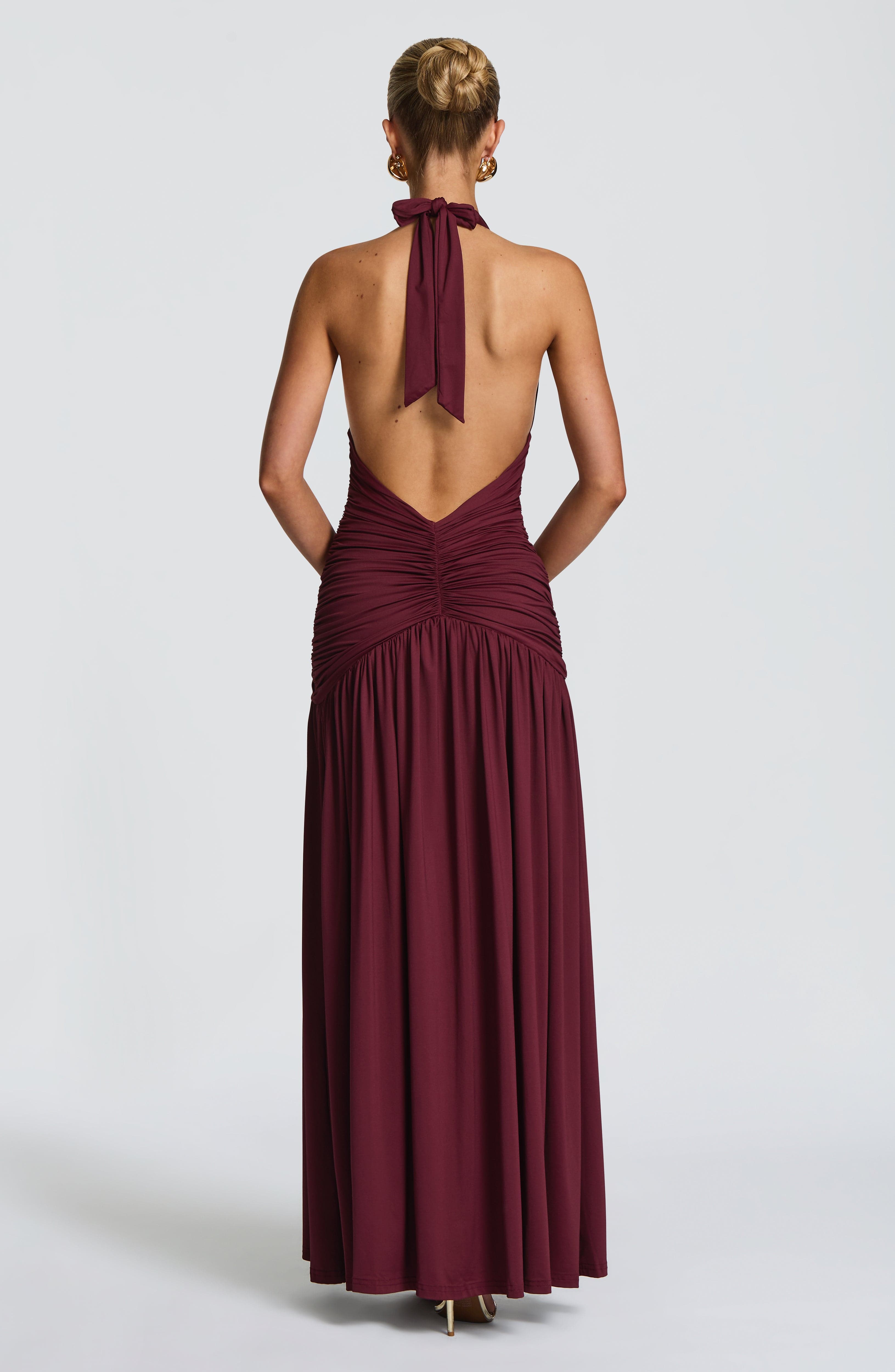 Wren | Halter Plunge V-Neck Ruched High-Slit Maxi Gown