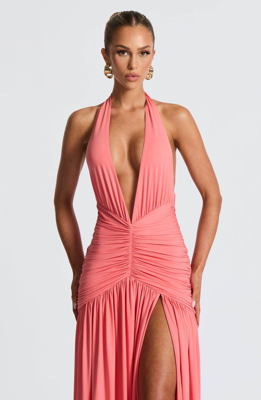 Blair | Halter Plunge V-Neck Ruched High-Slit Maxi Gown