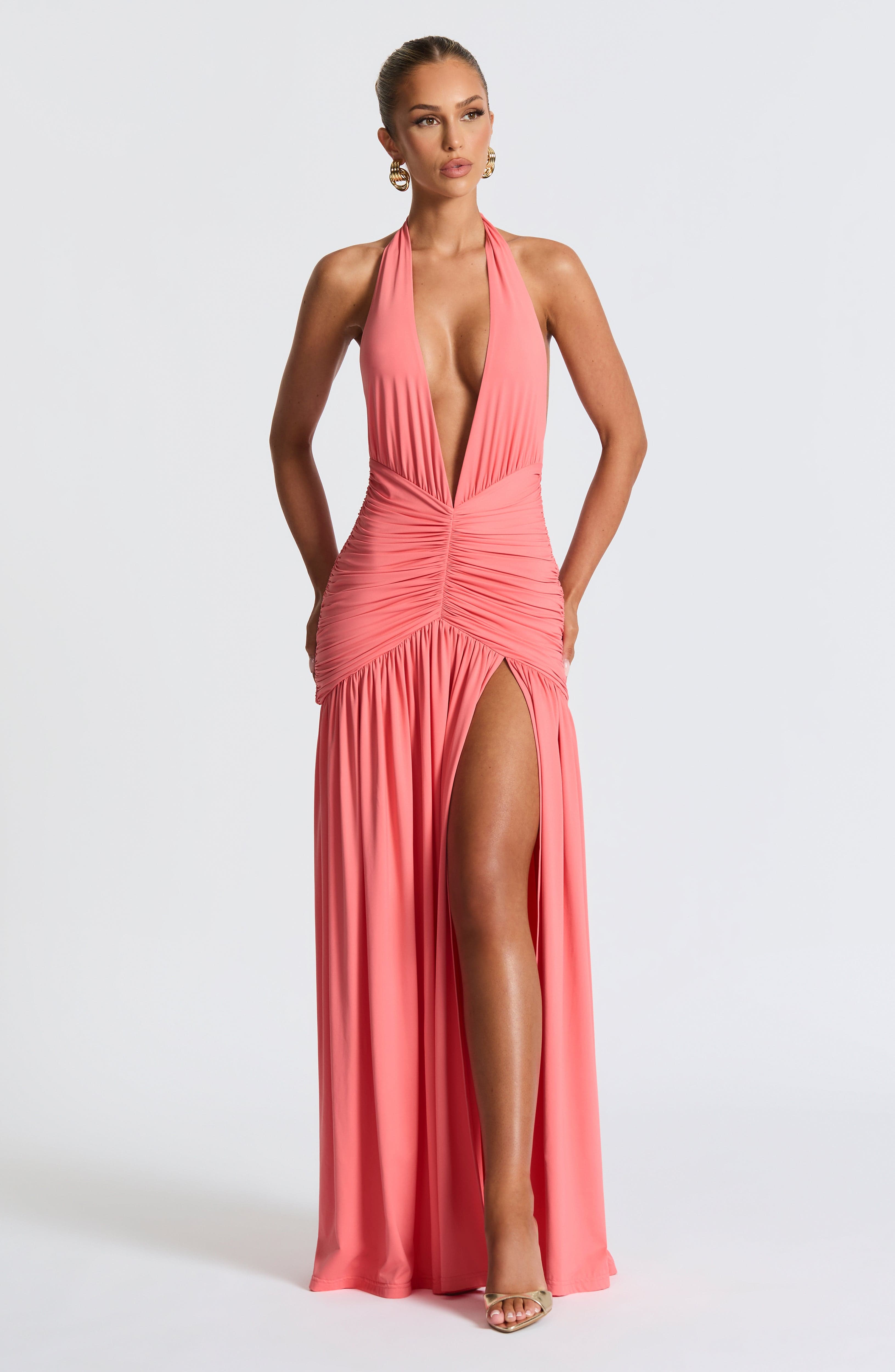 Blair | Halter Plunge V-Neck Ruched High-Slit Maxi Gown