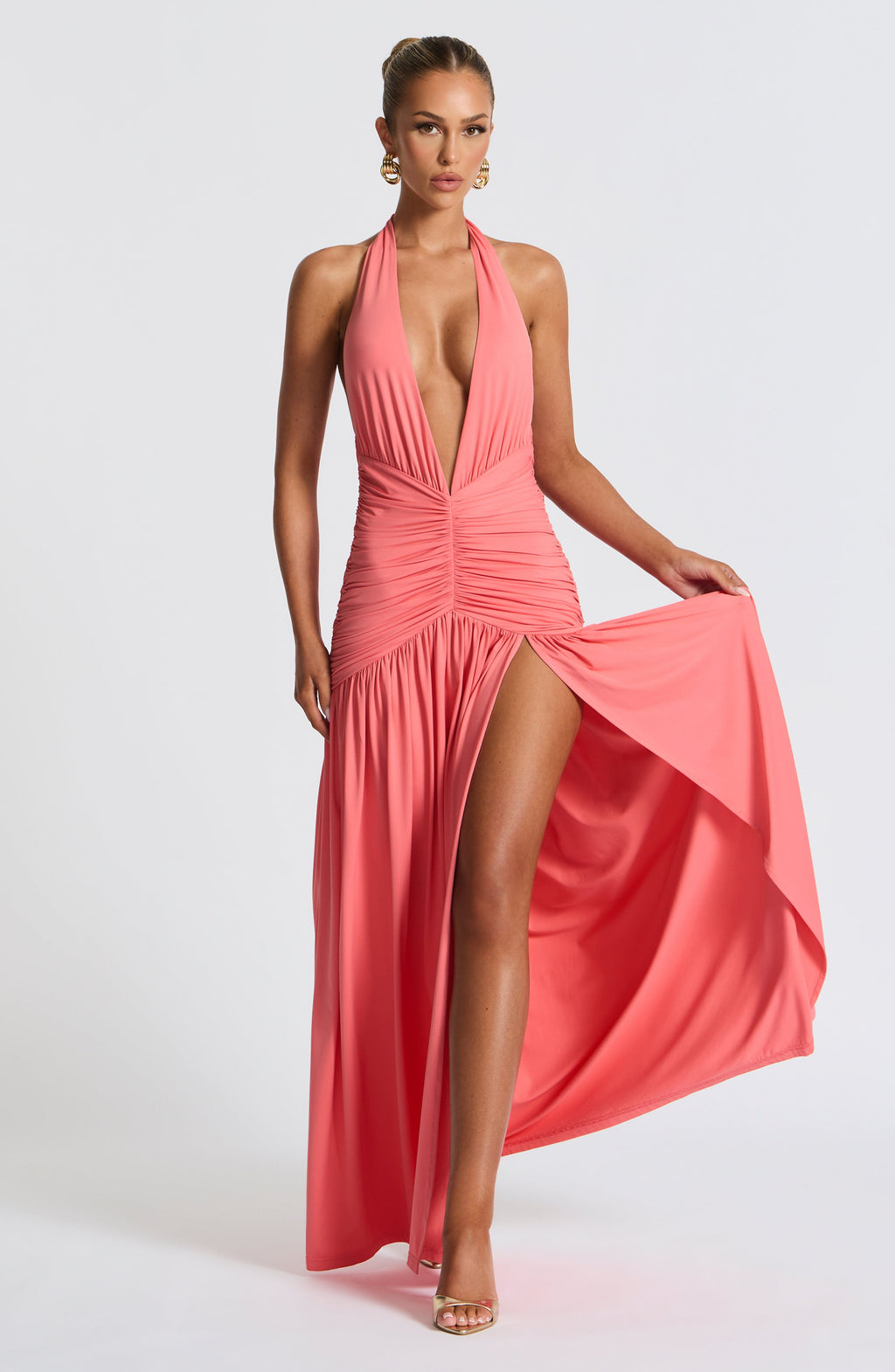 Blair | Halter Plunge V-Neck Ruched High-Slit Maxi Gown