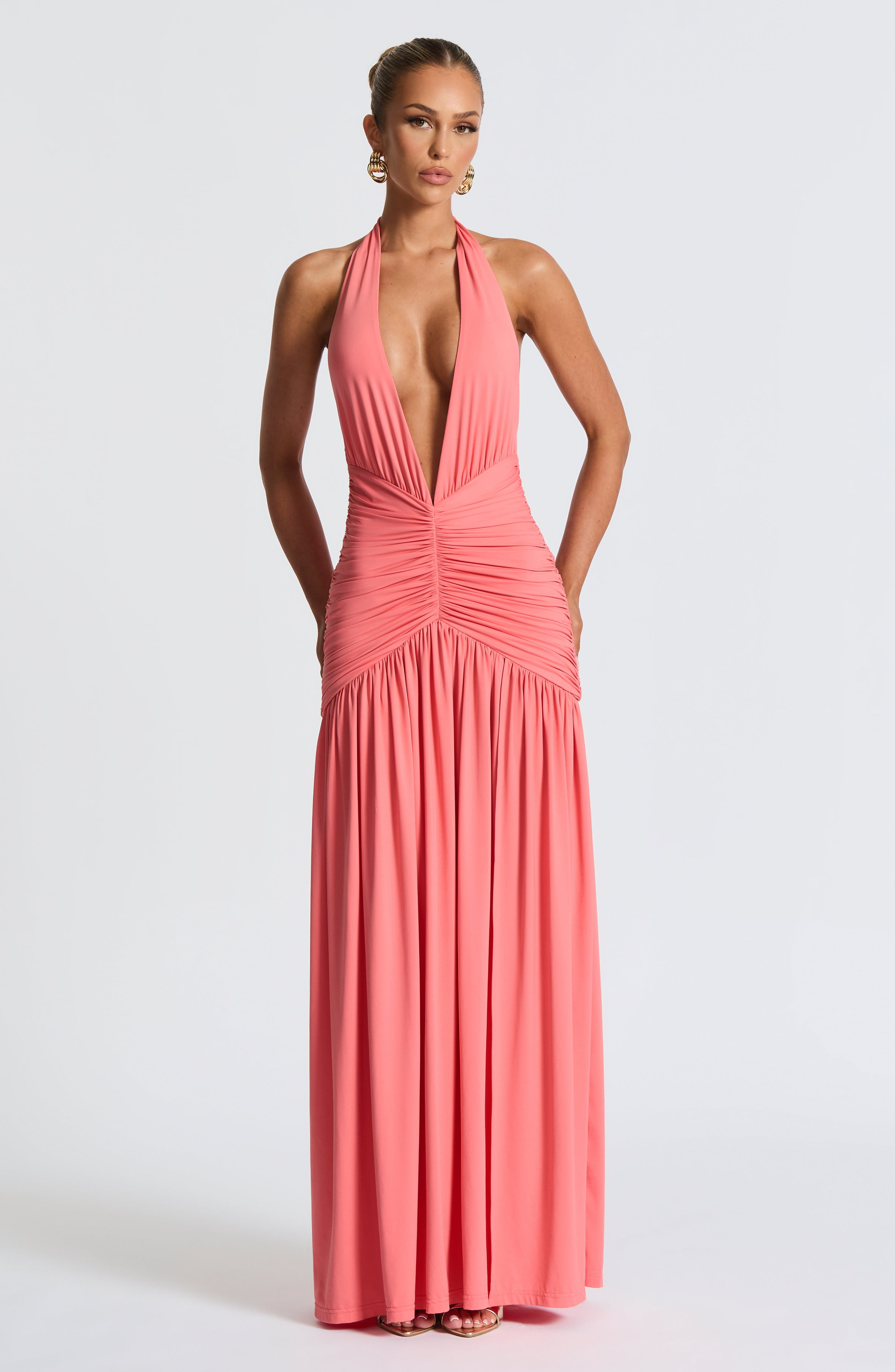 Blair | Halter Plunge V-Neck Ruched High-Slit Maxi Gown