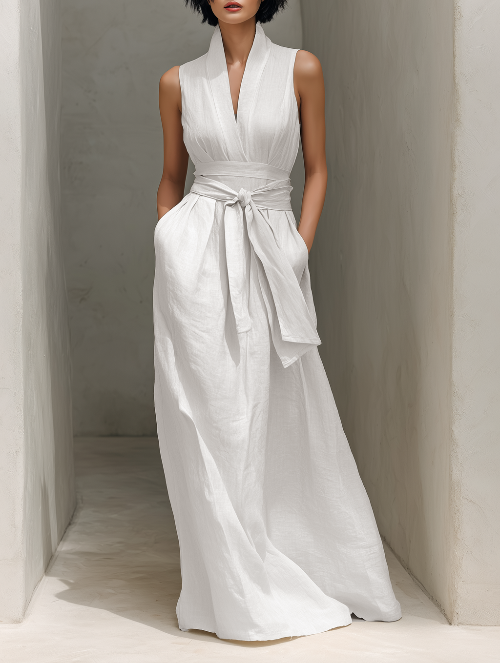 Lennon | Linen V-Neck Belted Wrap Maxi Dress