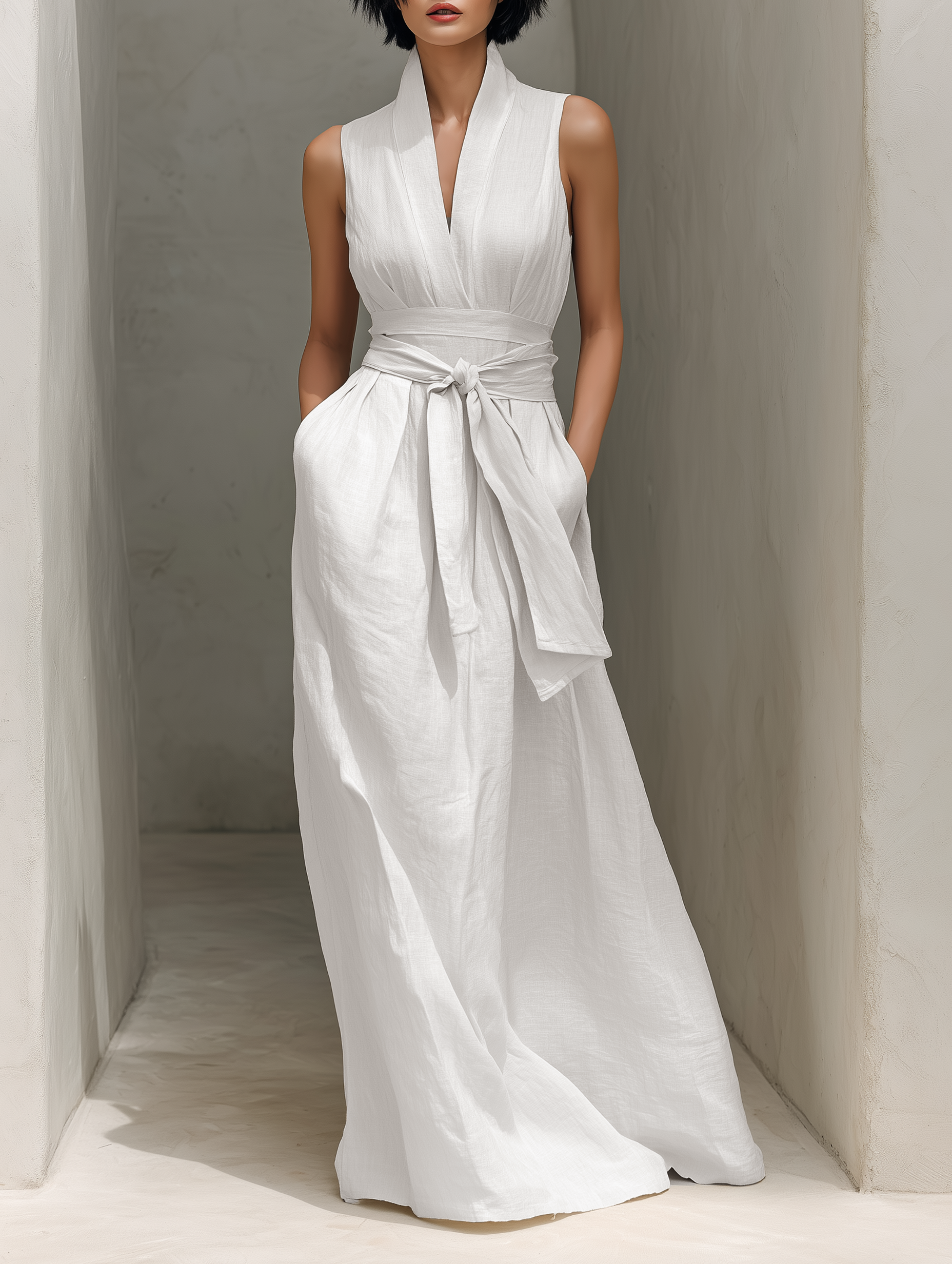 Lennon | Linen V-Neck Belted Wrap Maxi Dress