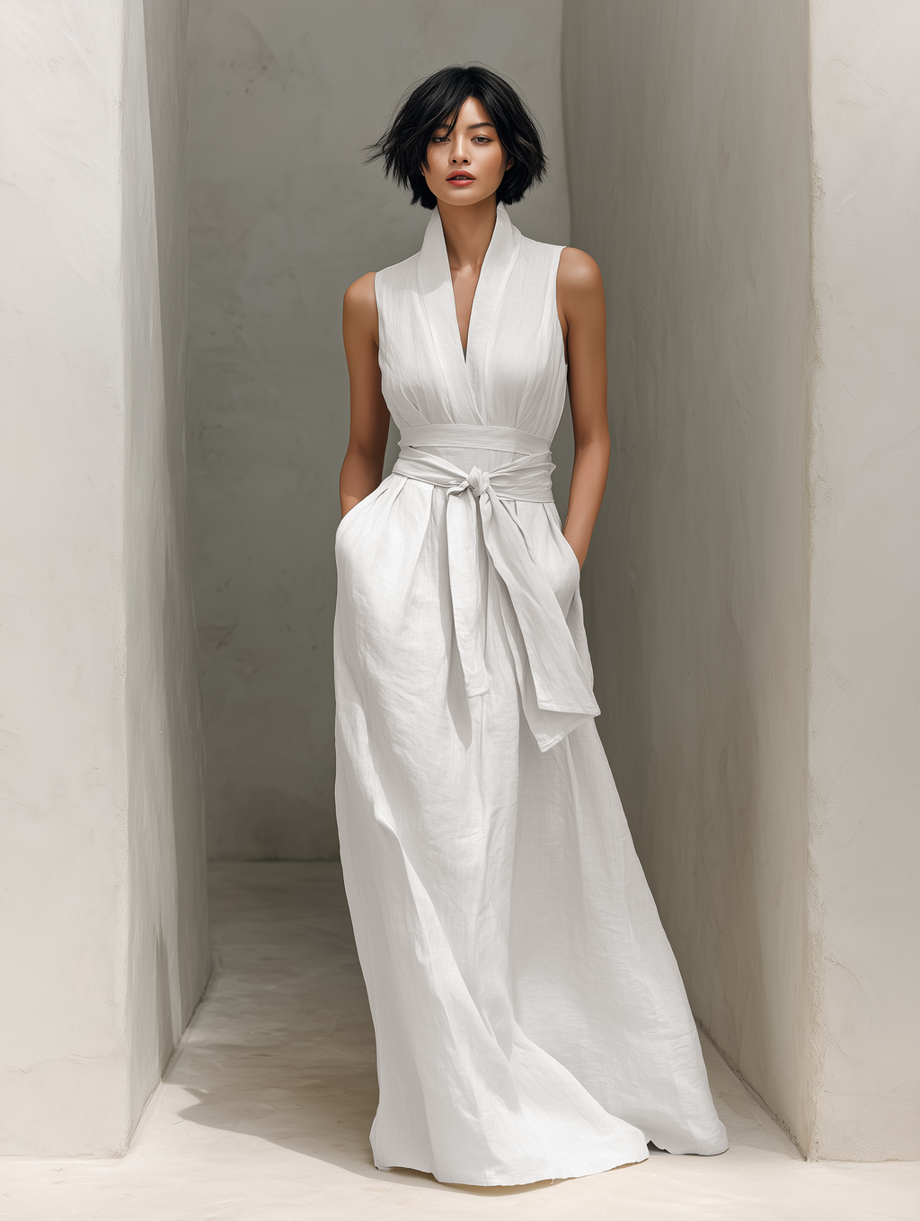 Lennon | Linen V-Neck Belted Wrap Maxi Dress