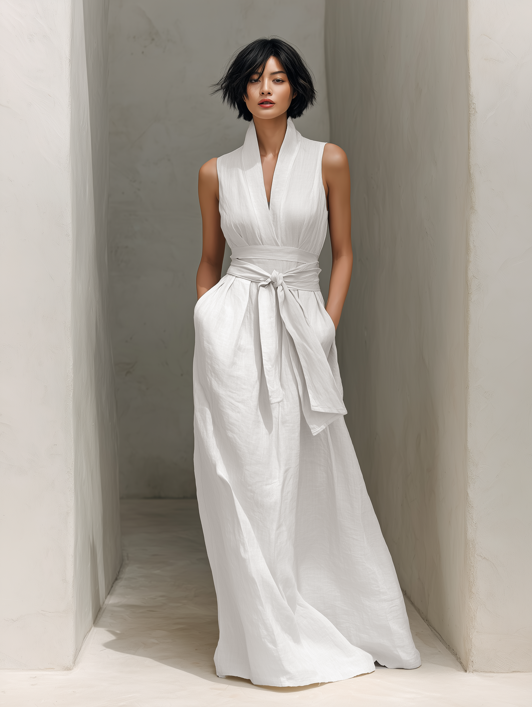 Lennon | Linen V-Neck Belted Wrap Maxi Dress