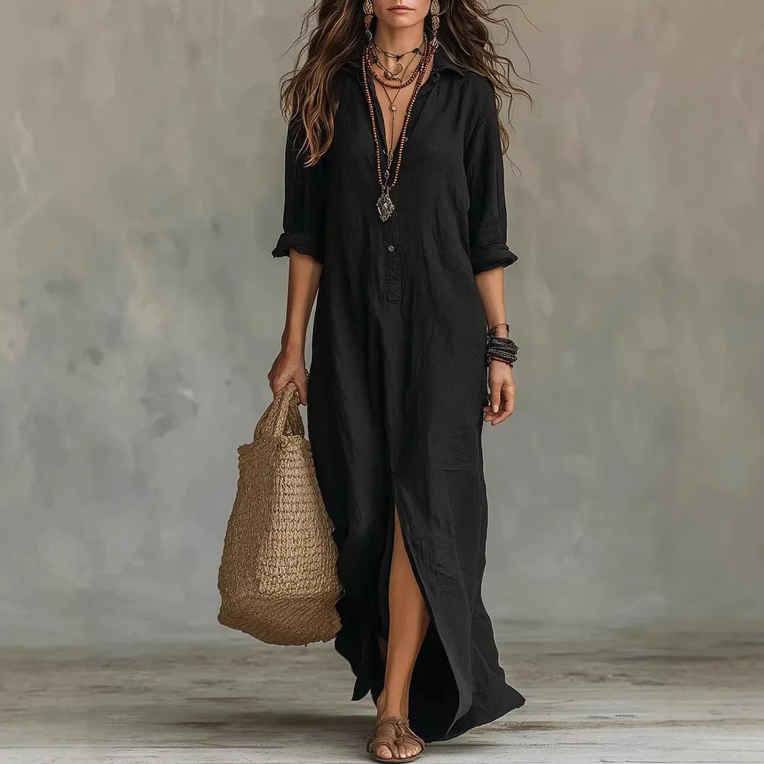 Romy | Linen Button-Front Maxi Shirt Dress