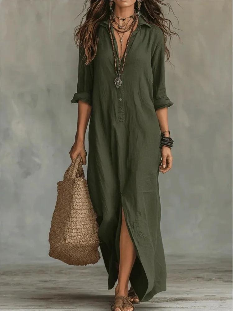 Romy | Linen Button-Front Maxi Shirt Dress