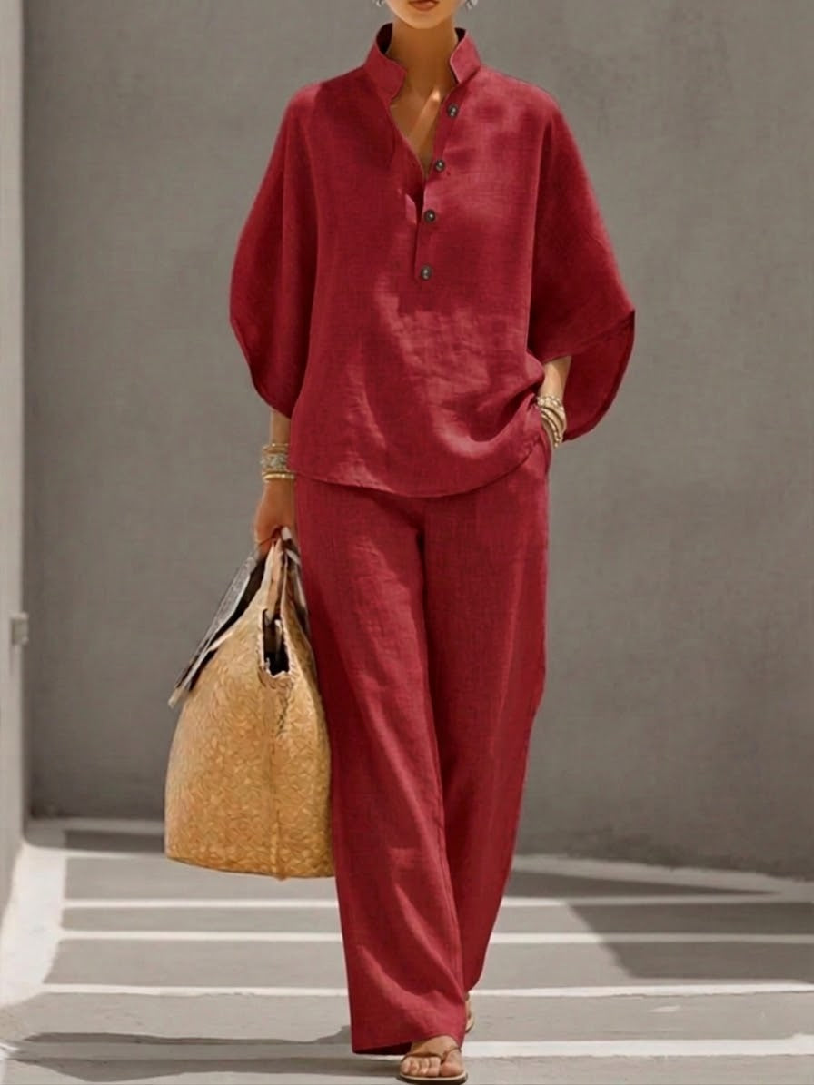Ada | Cotton Mandarin Collar Wide-Leg Co-ord Set
