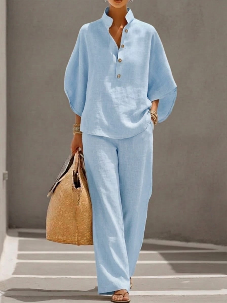 Ada | Cotton Mandarin Collar Wide-Leg Co-ord Set