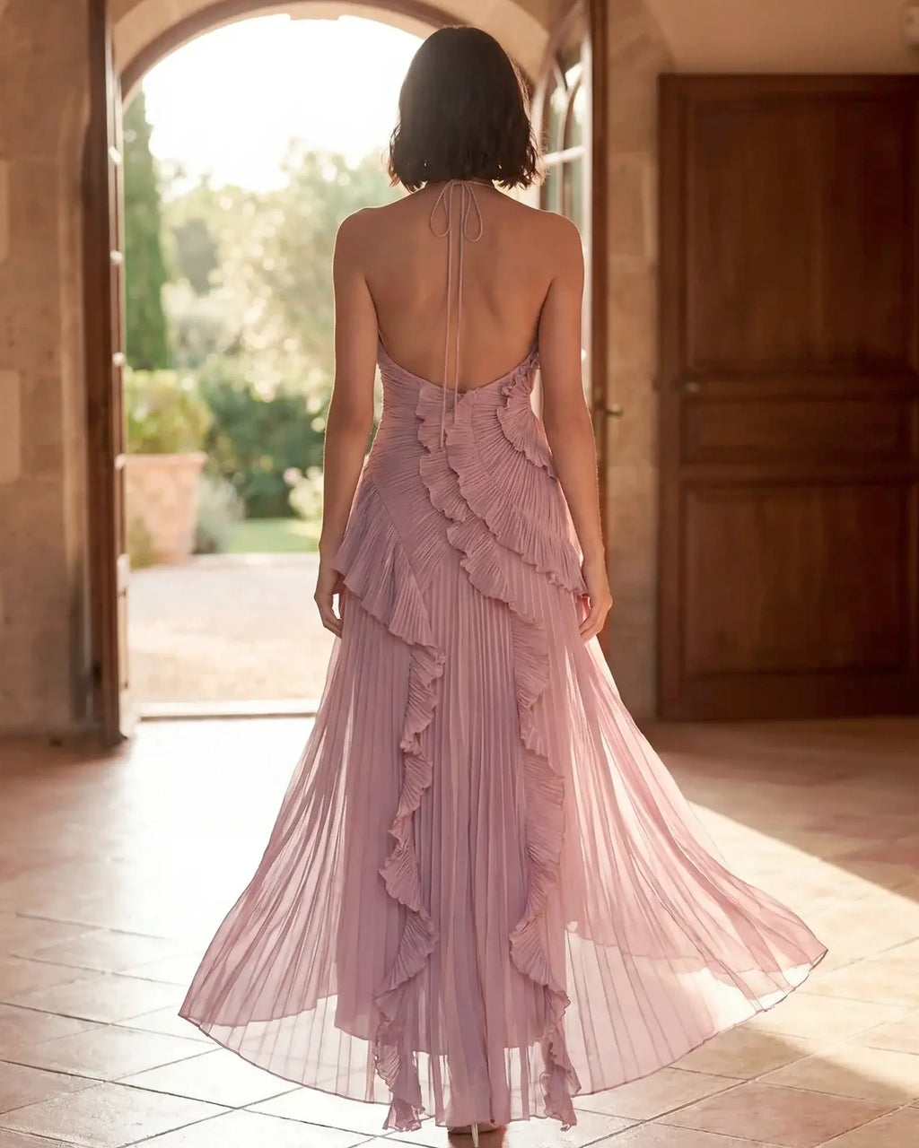 Lyra | Pleated Ruffle Halter Maxi Dress