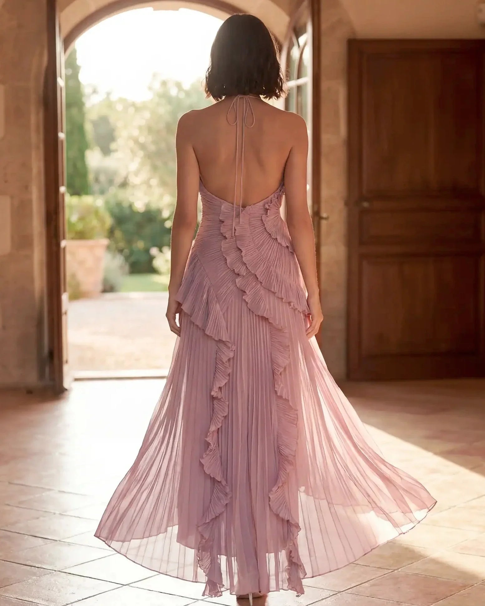 Lyra | Pleated Ruffle Halter Maxi Dress