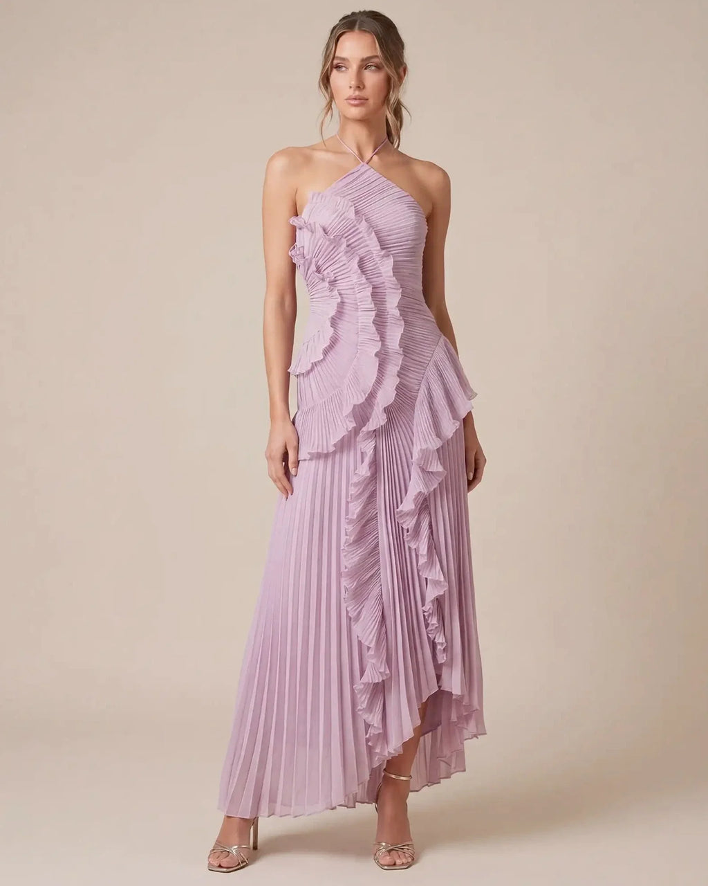 Lyra | Pleated Ruffle Halter Maxi Dress