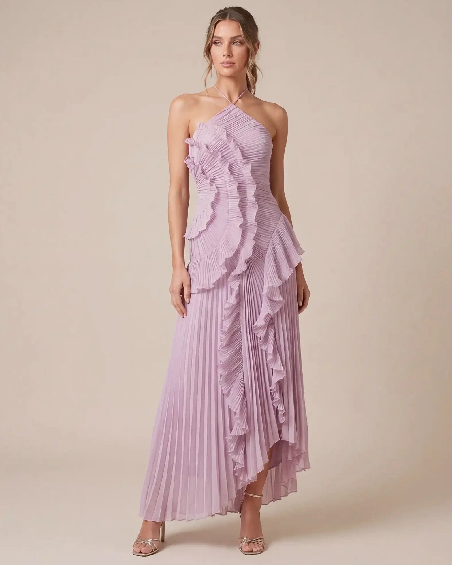 Lyra | Pleated Ruffle Halter Maxi Dress