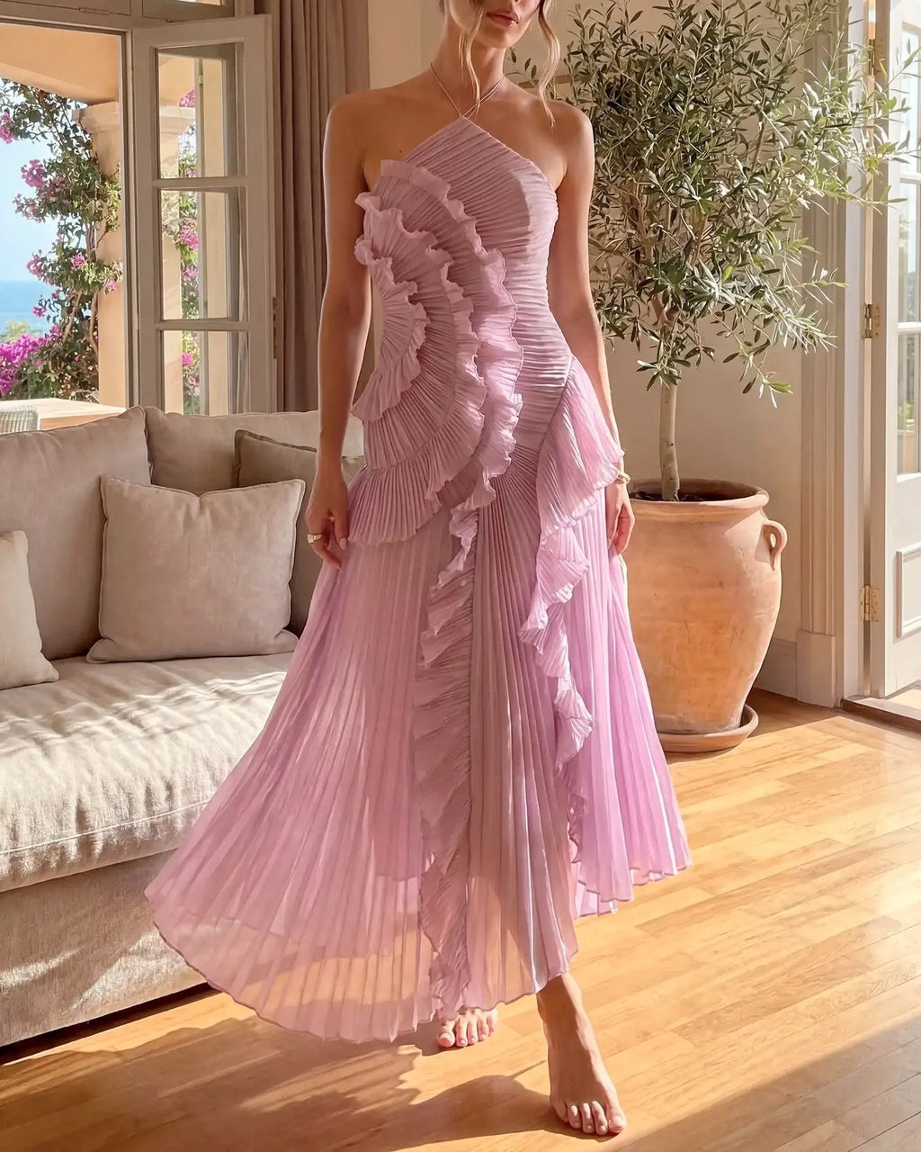 Lyra | Pleated Ruffle Halter Maxi Dress
