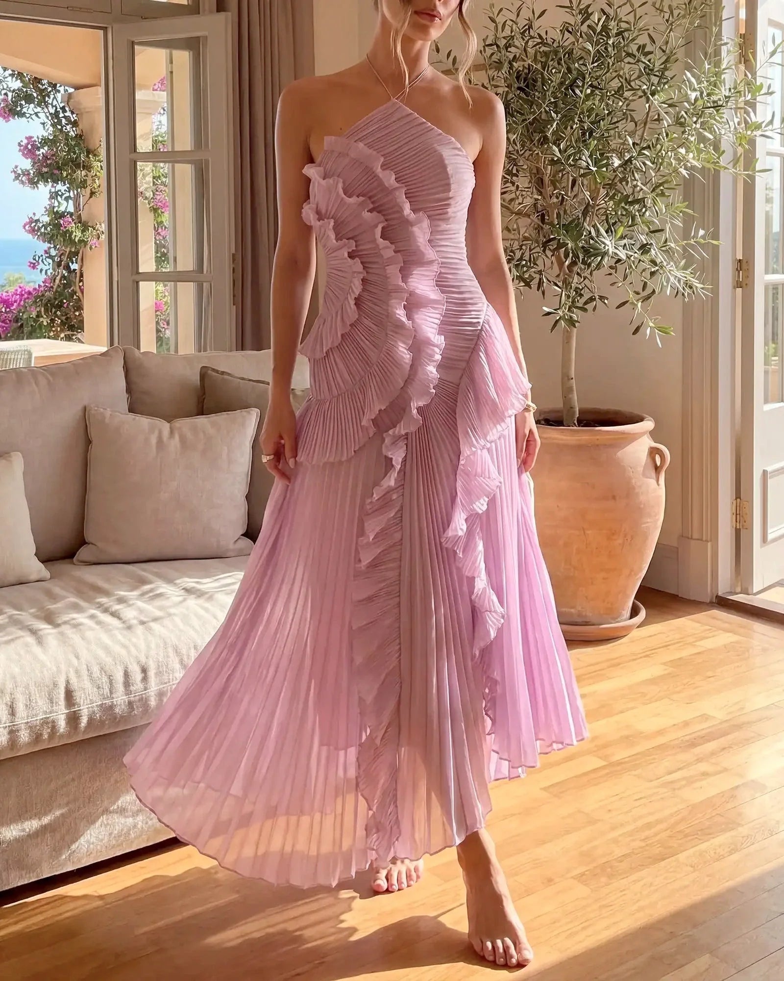 Lyra | Pleated Ruffle Halter Maxi Dress