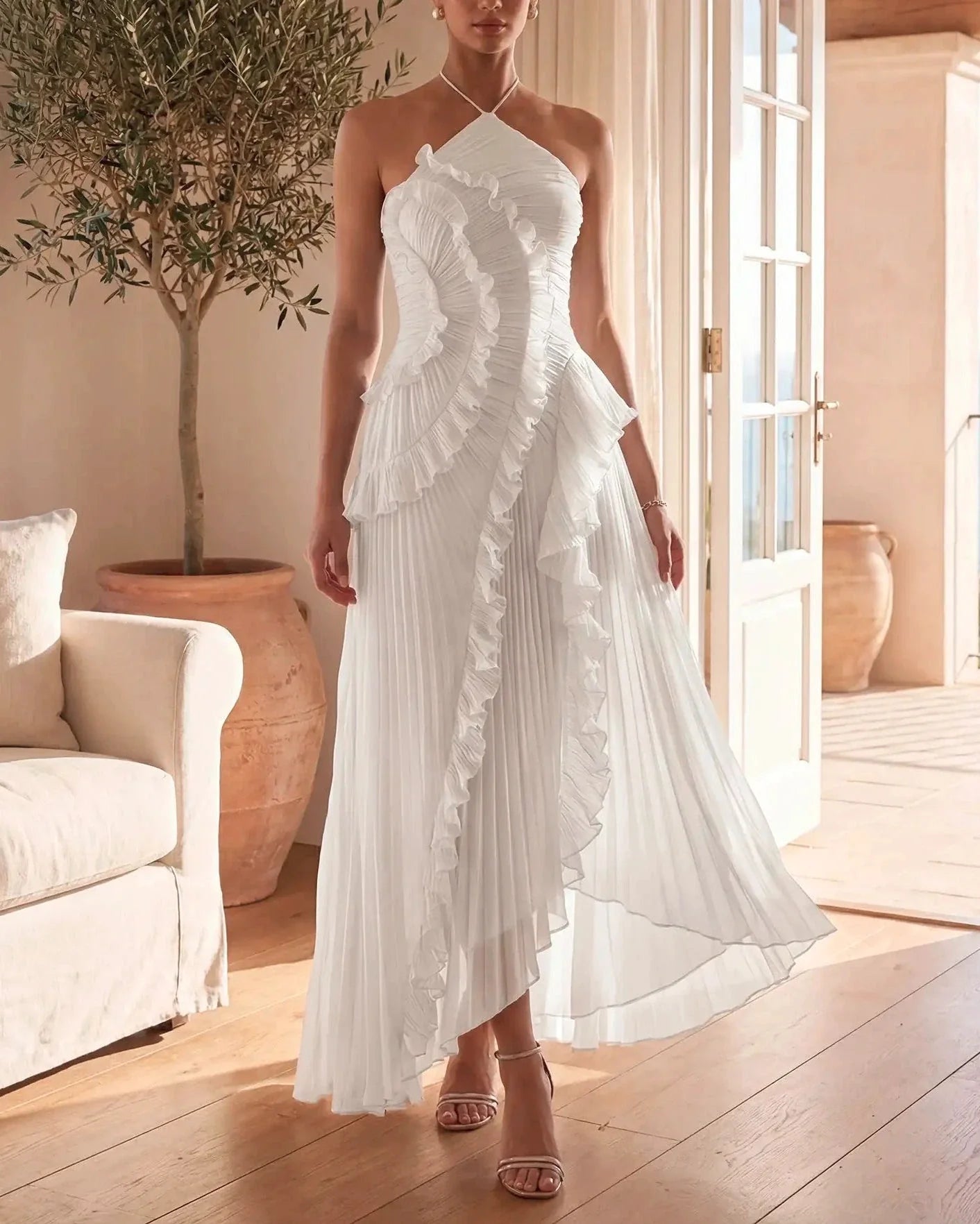 Lyra | Pleated Ruffle Halter Maxi Dress