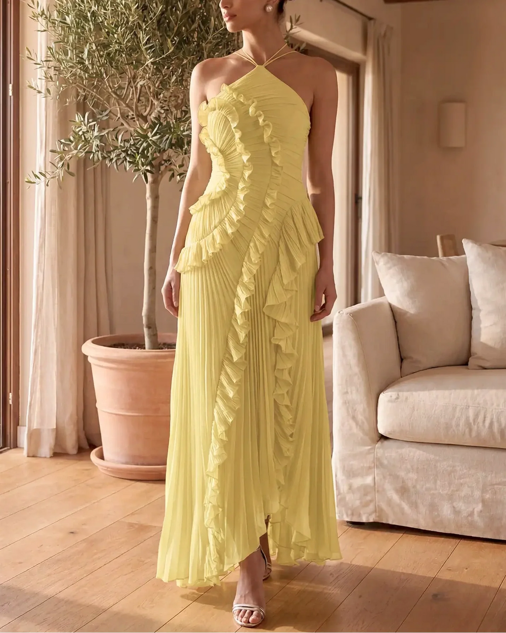 Lyra | Pleated Ruffle Halter Maxi Dress
