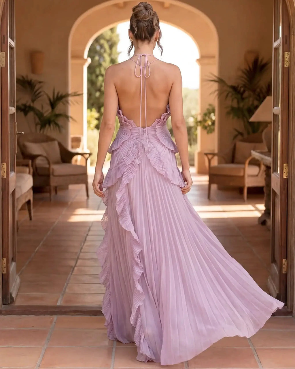 Lyra | Pleated Ruffle Halter Maxi Dress