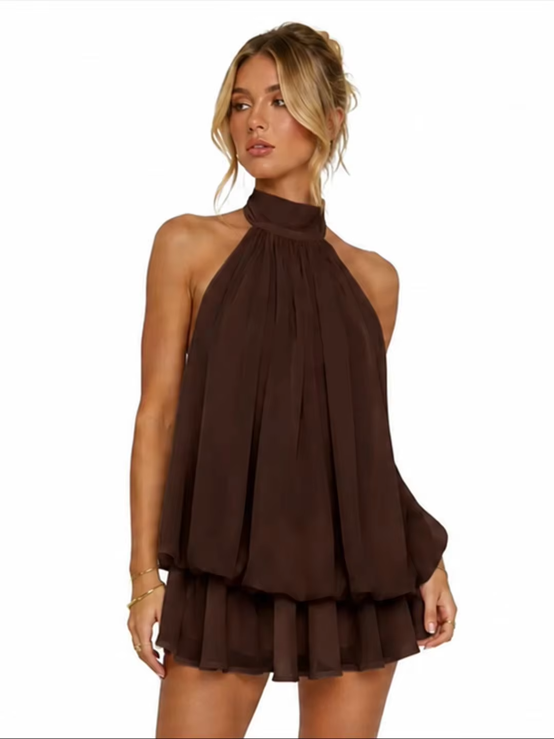 Hallie | Halter Neck Tiered Ruffle Swing Mini Dress
