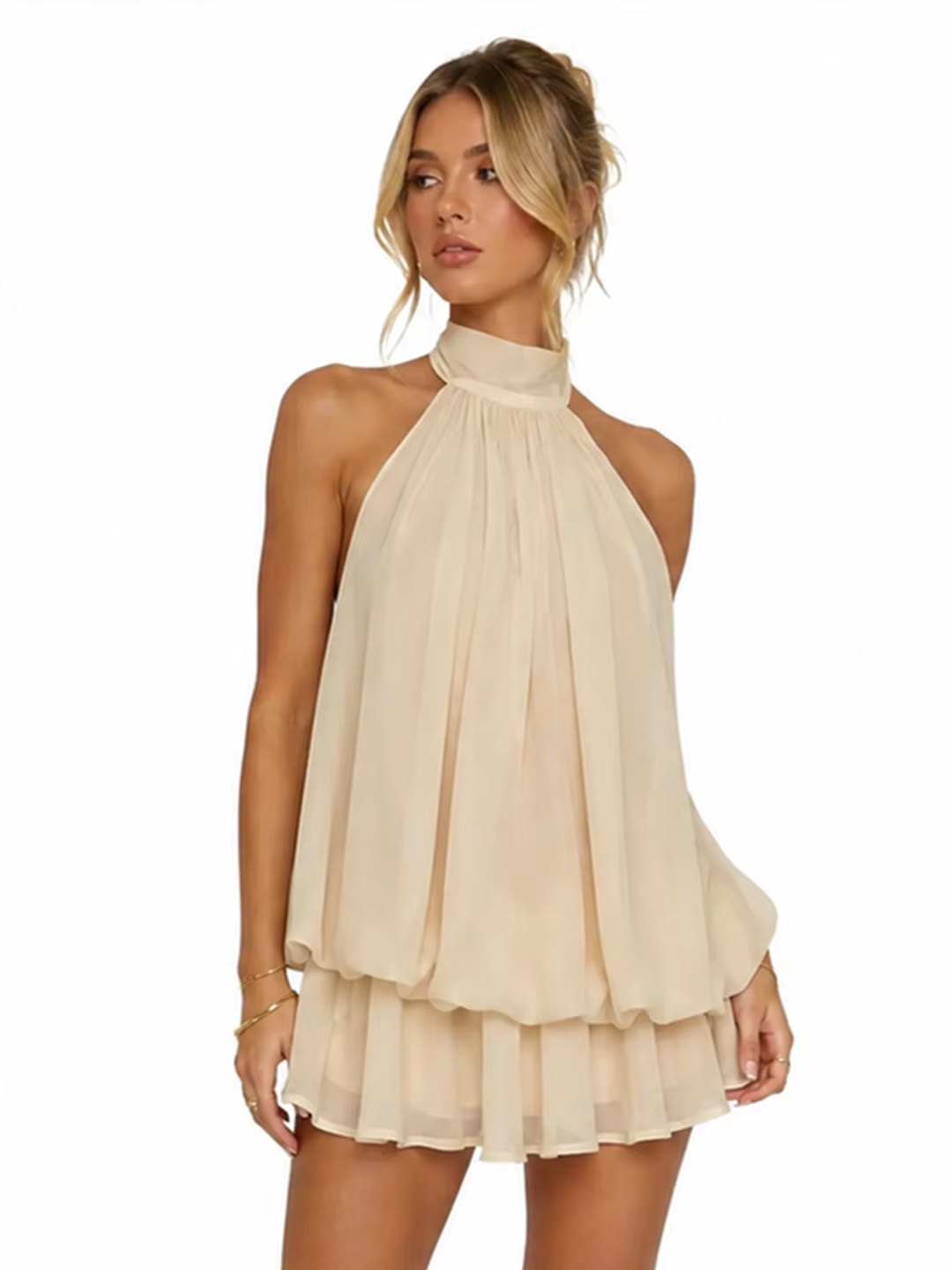 Hallie | Halter Neck Tiered Ruffle Swing Mini Dress